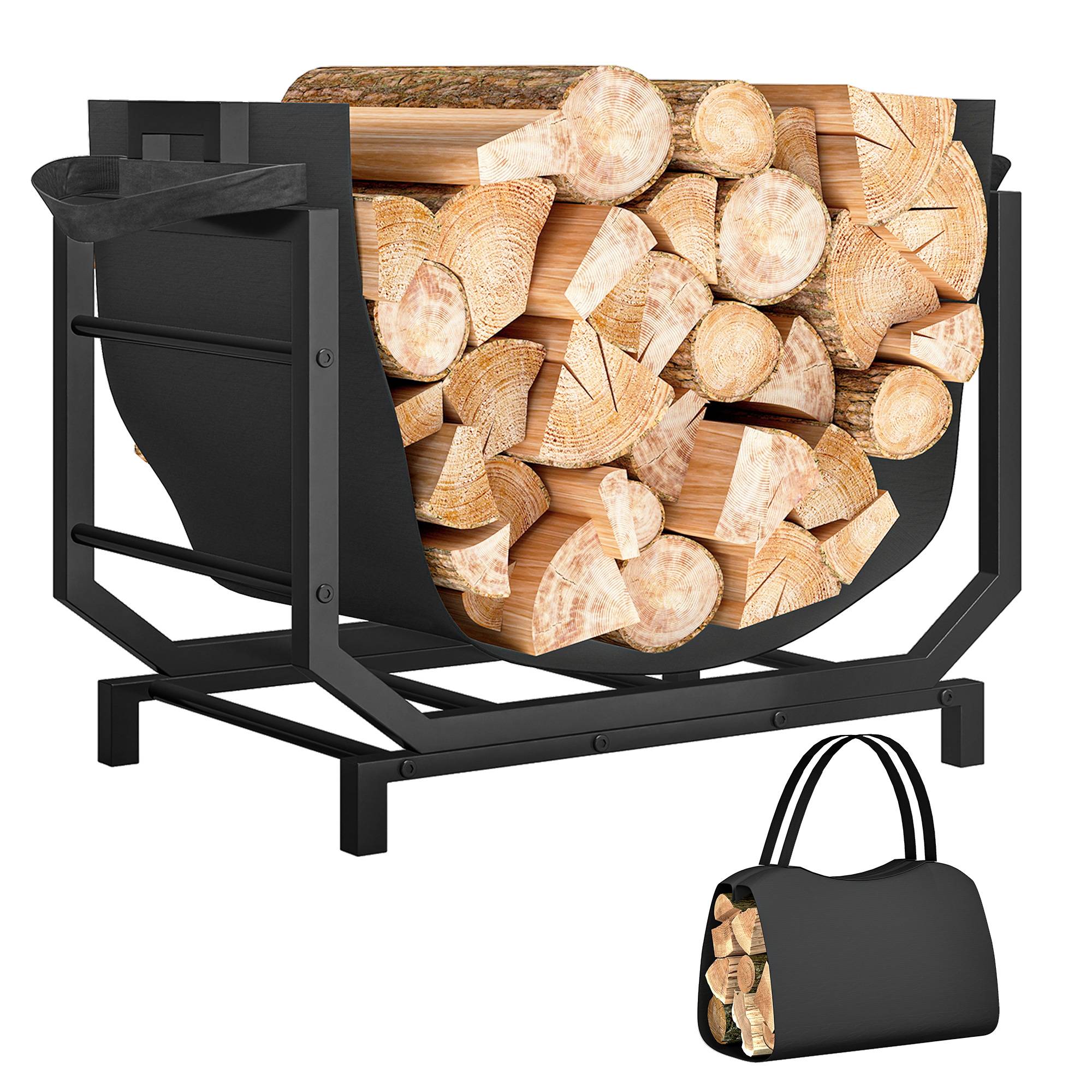Range-bûches porte buche avec sac de transport et poignées pour intérieure, en métal robuste, 53 x 33 x 43 cm, noir - Image 1