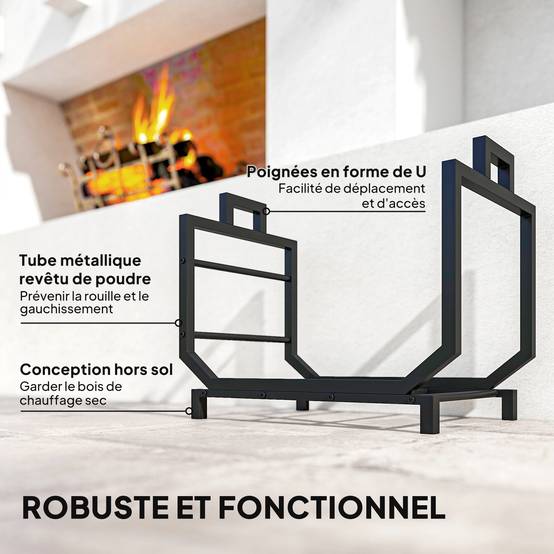 Range-bûches porte buche avec sac de transport et poignées pour intérieure, en métal robuste, 53 x 33 x 43 cm, noir - Image 8