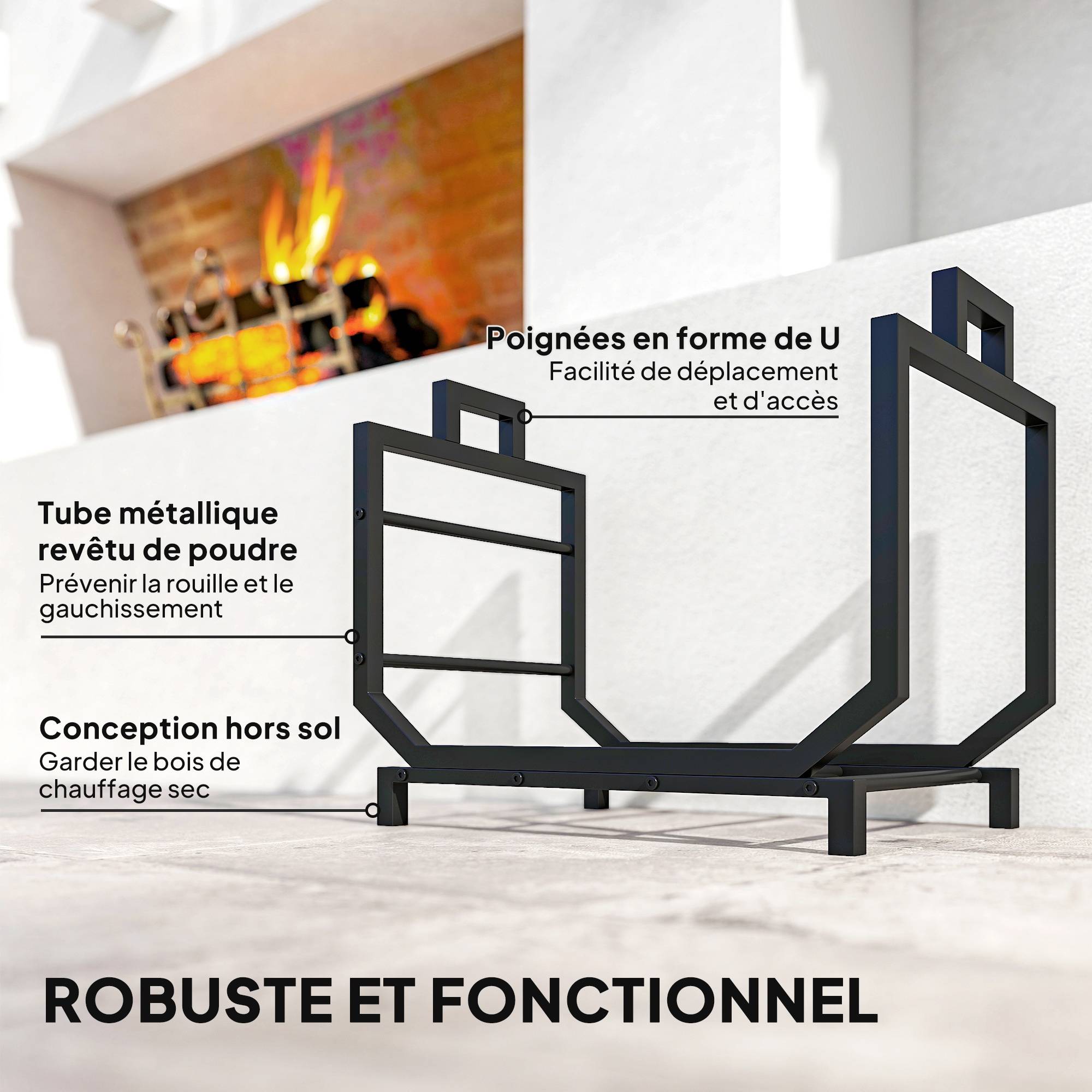 Range-bûches porte buche avec sac de transport et poignées pour intérieure, en métal robuste, 53 x 33 x 43 cm, noir - Image 8