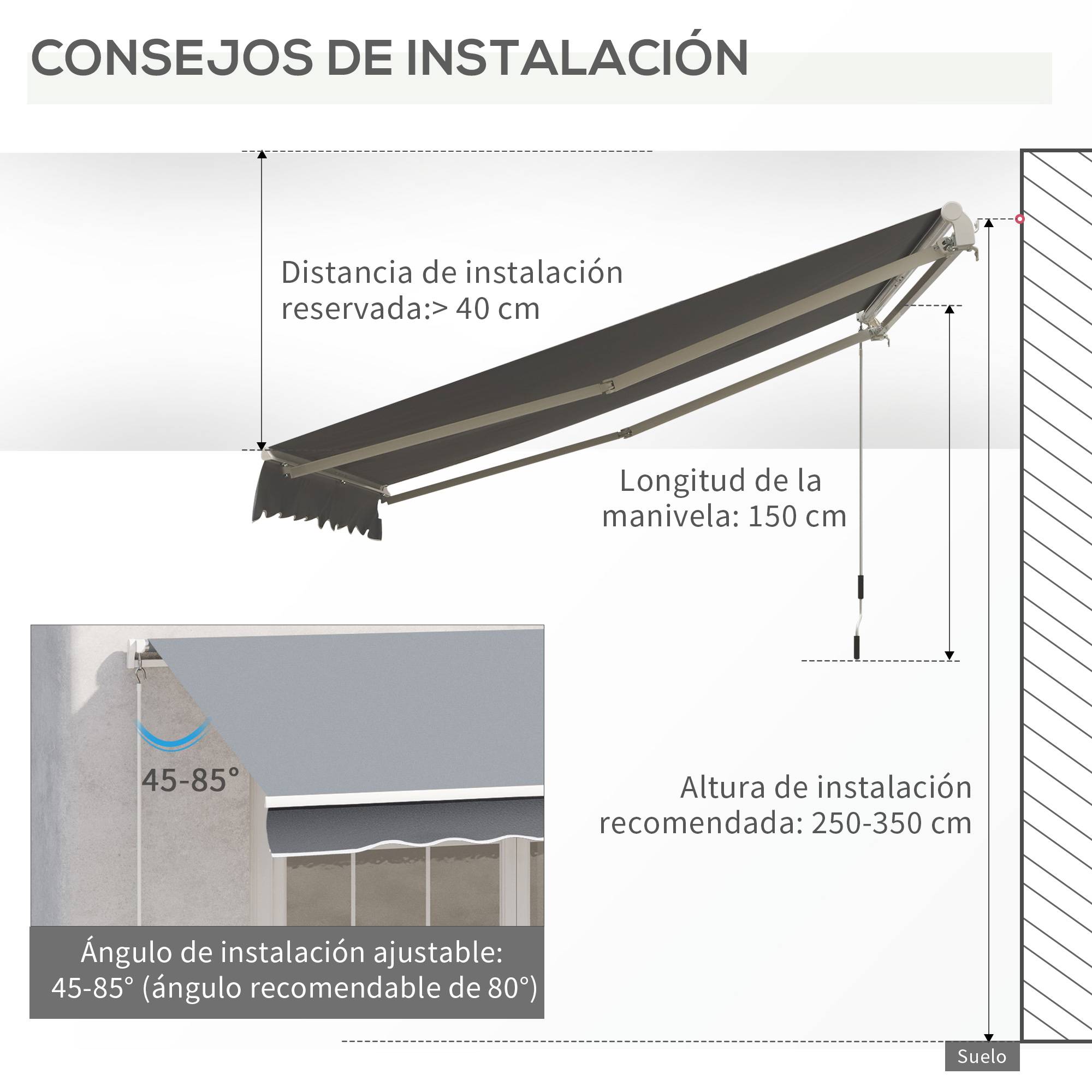 Store banne rétractable manuel 3 x 2,5 cm avec manivelle métallique, imperméable et anti-UV, pour balcon, jardin, terrasse, fenêtres, gris - Image 6