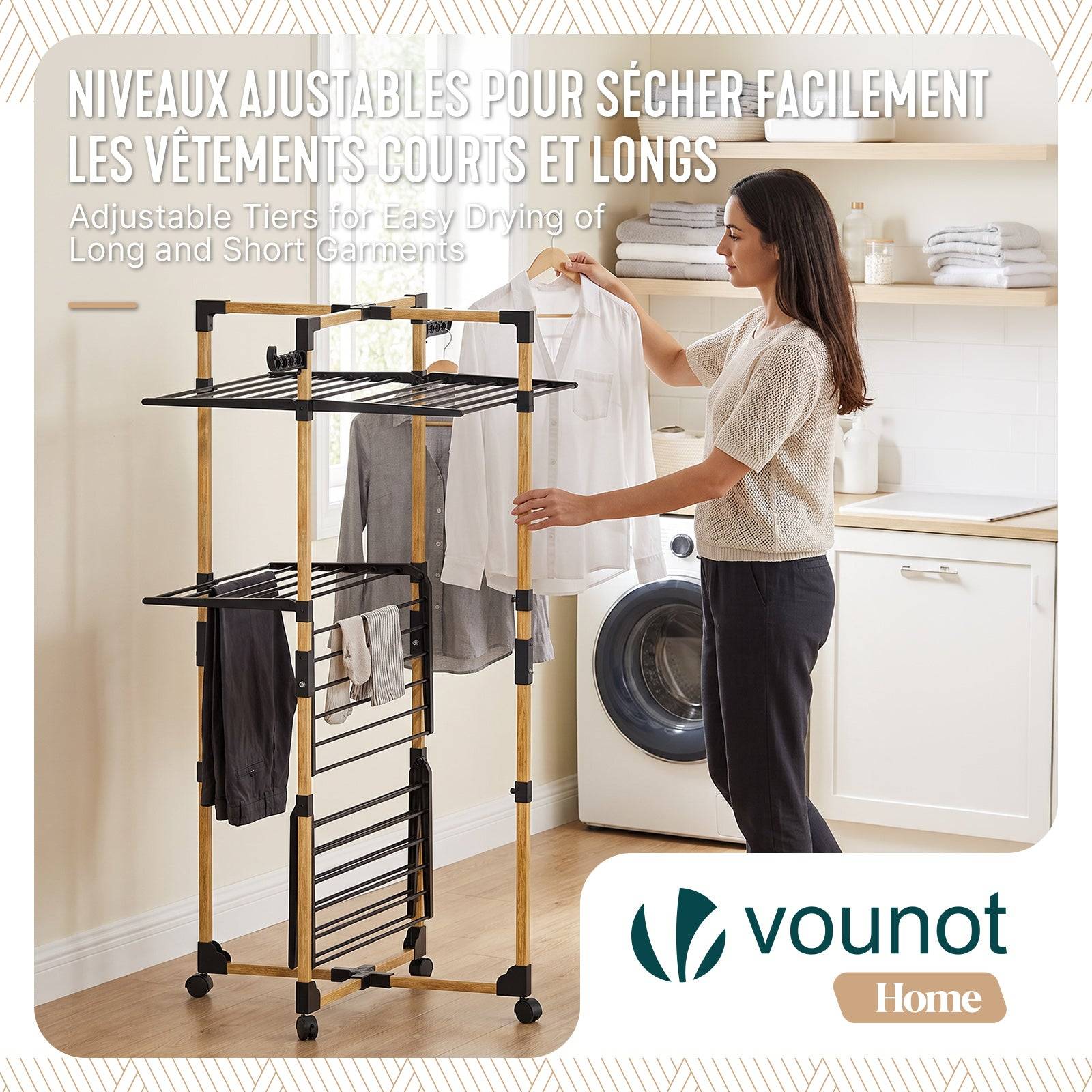 Vounot - Séchoir à linge tour pliable 99x69x135,5cm, Étendoir 3 niveaux grande capacité avec roulettes, 25m d’étendage, Noir, VOUNOT® - Image 4