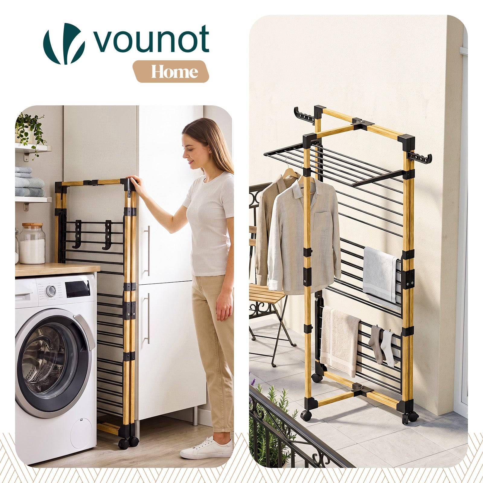Vounot - Séchoir à linge tour pliable 99x69x135,5cm, Étendoir 3 niveaux grande capacité avec roulettes, 25m d’étendage, Noir, VOUNOT® - Image 7