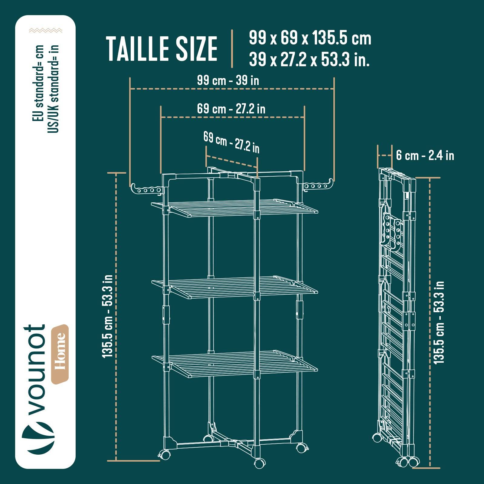 Vounot - Séchoir à linge tour pliable 99x69x135,5cm, Étendoir 3 niveaux grande capacité avec roulettes, 25m d’étendage, Noir, VOUNOT® - Image 3