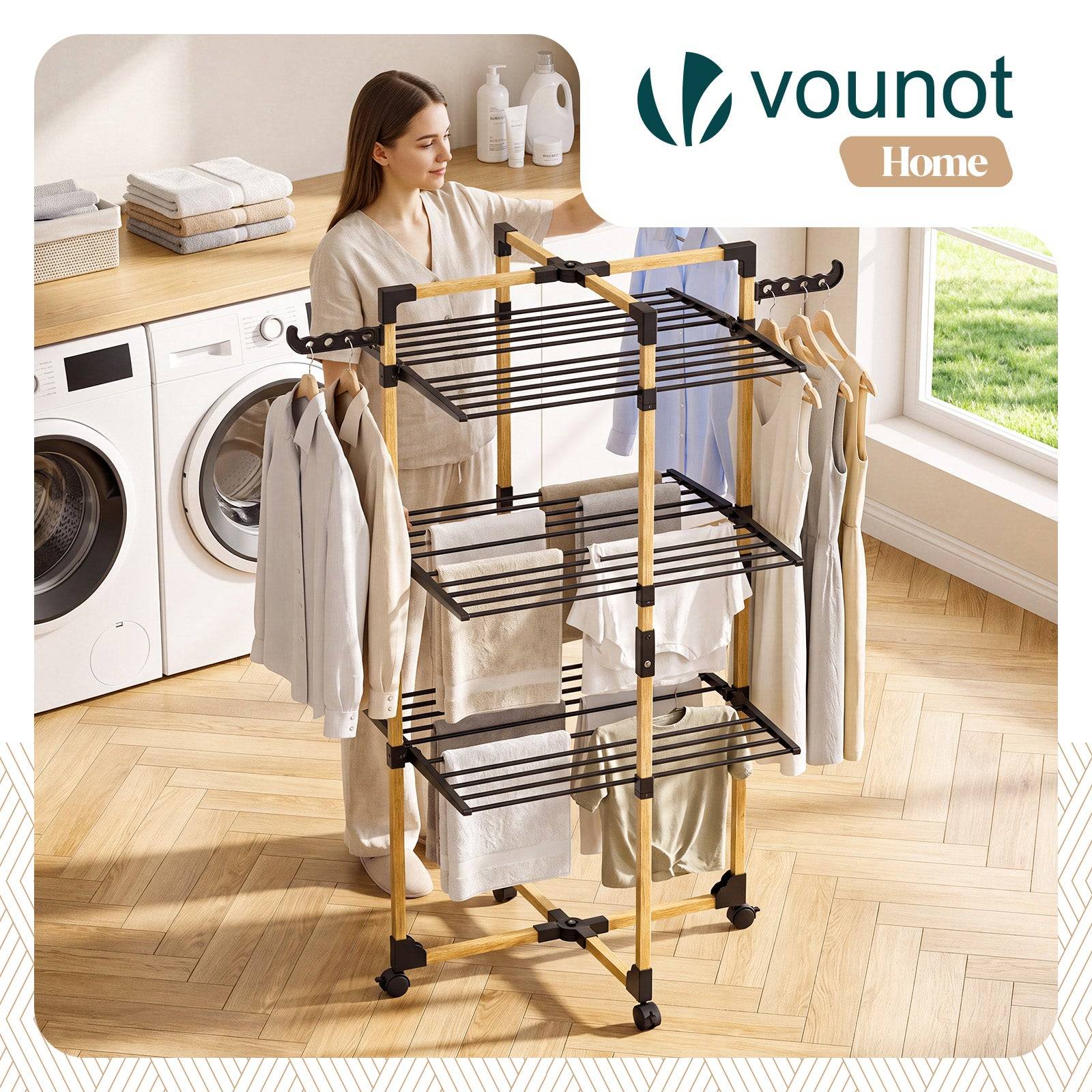 Vounot - Séchoir à linge tour pliable 99x69x135,5cm, Étendoir 3 niveaux grande capacité avec roulettes, 25m d’étendage, Noir, VOUNOT® - Image 2
