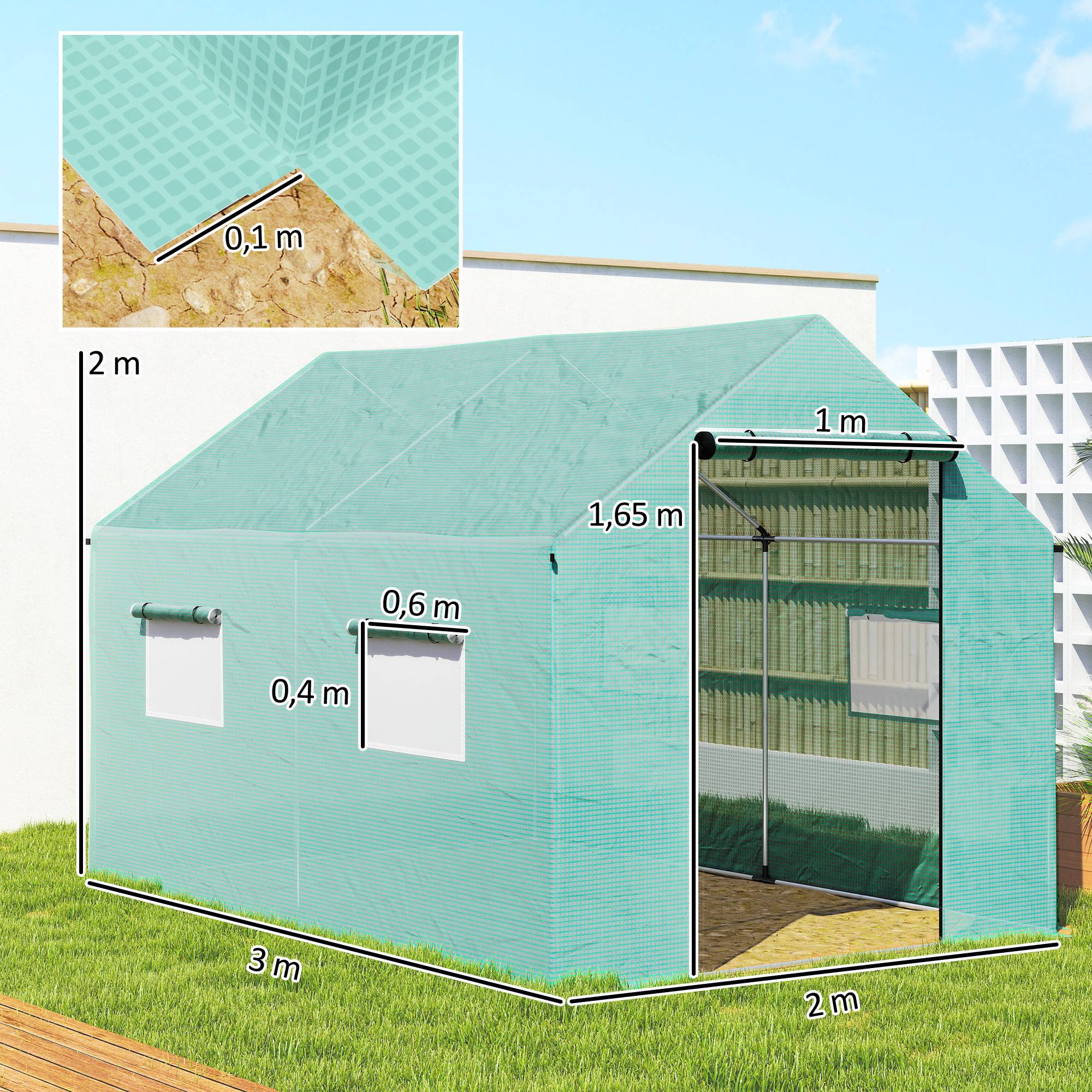 Outsunny - Serre de jardin tunnel 2x3m 6m² porte enroulable, 4 fenêtres Acier galvanisé PE HD Vert - Outsunny - Image 3