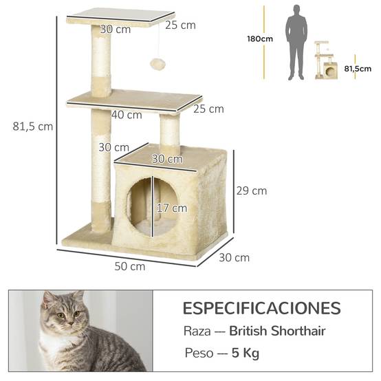Arbre à Chat Design en Sisal et Peluche avec Niche Plateformes et Jouet Suspendu 81,5 cm Beige - ComfortXL Outdoor Living - Image 5