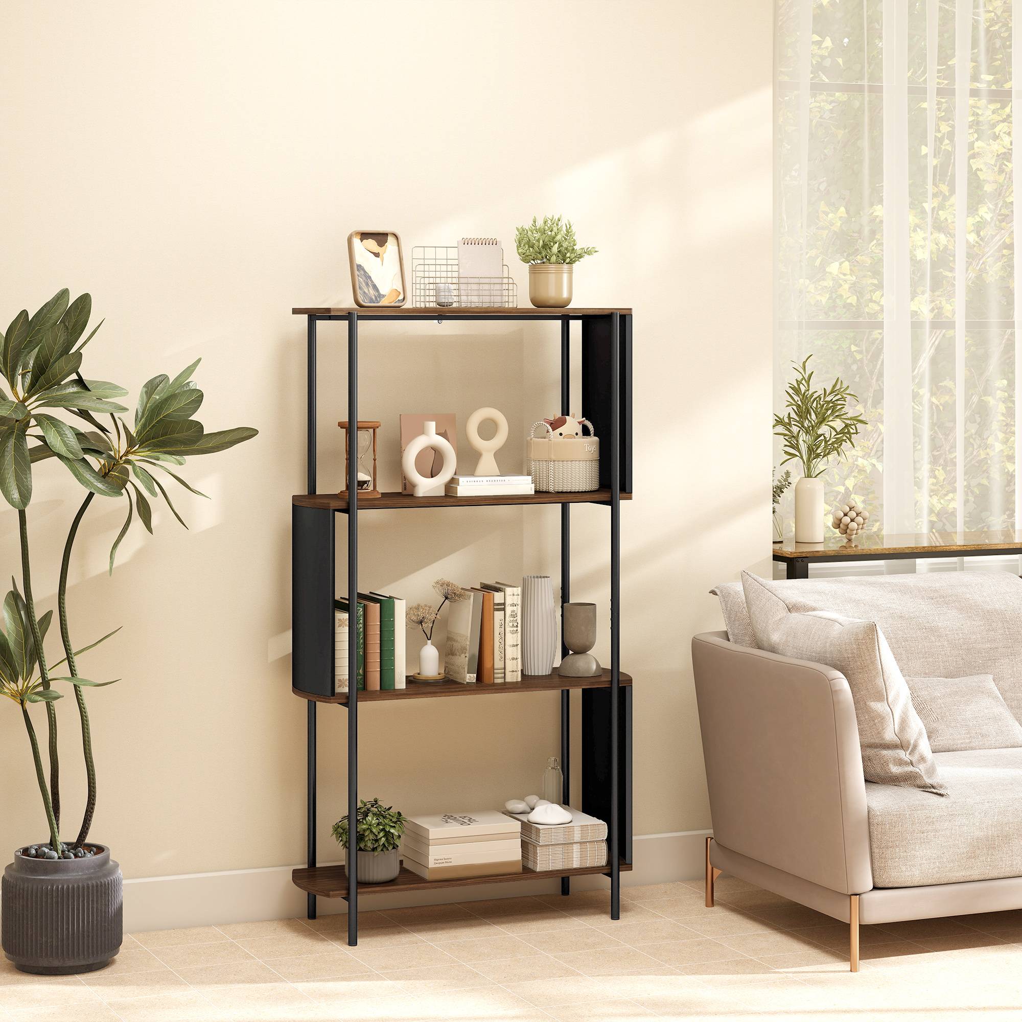 Étagère à livres, autoportante, à 4 niveaux, design incurvé, pour salon ou chambre, 80 x 30 x 141 cm, marron - Image 3