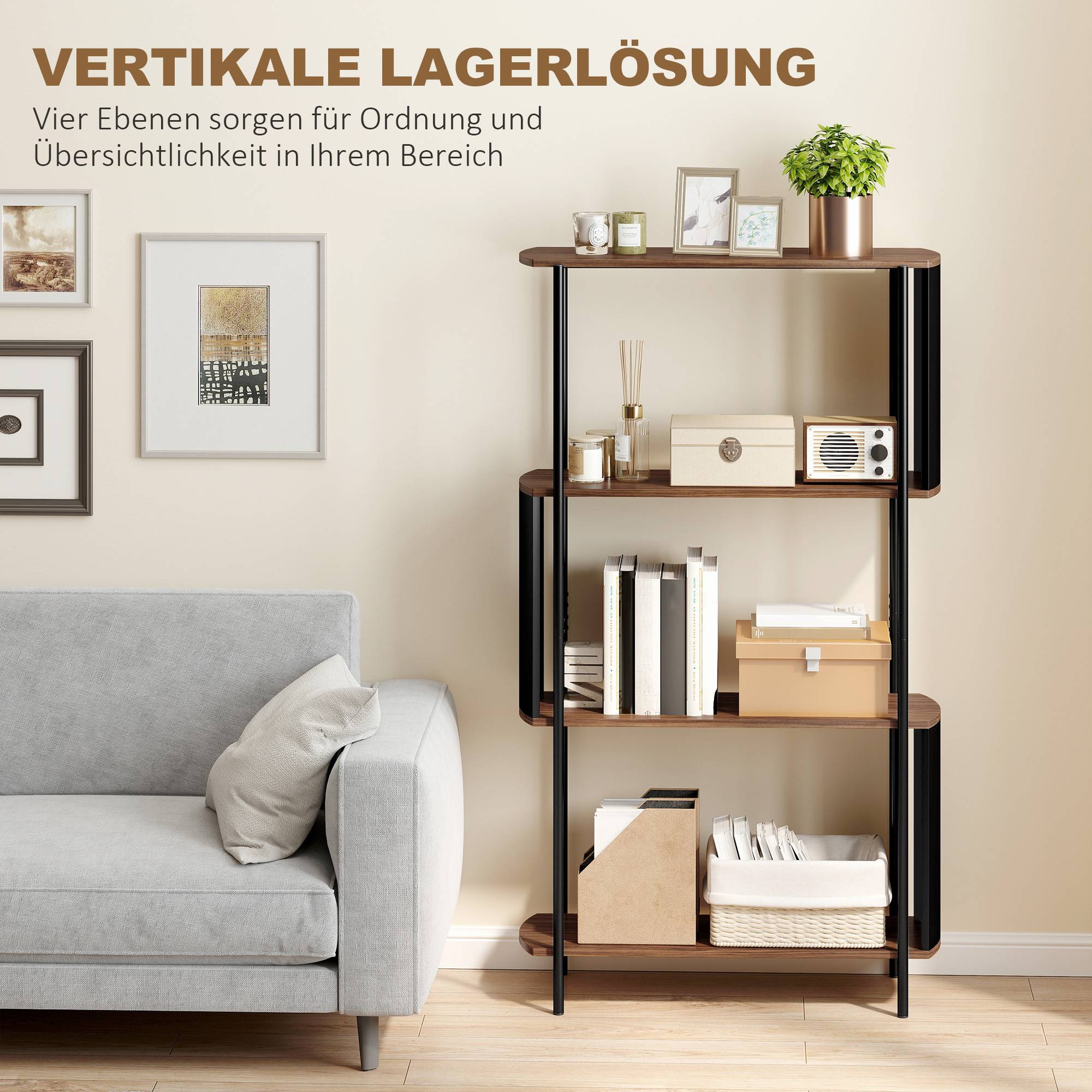 Étagère à livres, autoportante, à 4 niveaux, design incurvé, pour salon ou chambre, 80 x 30 x 141 cm, marron - Image 6