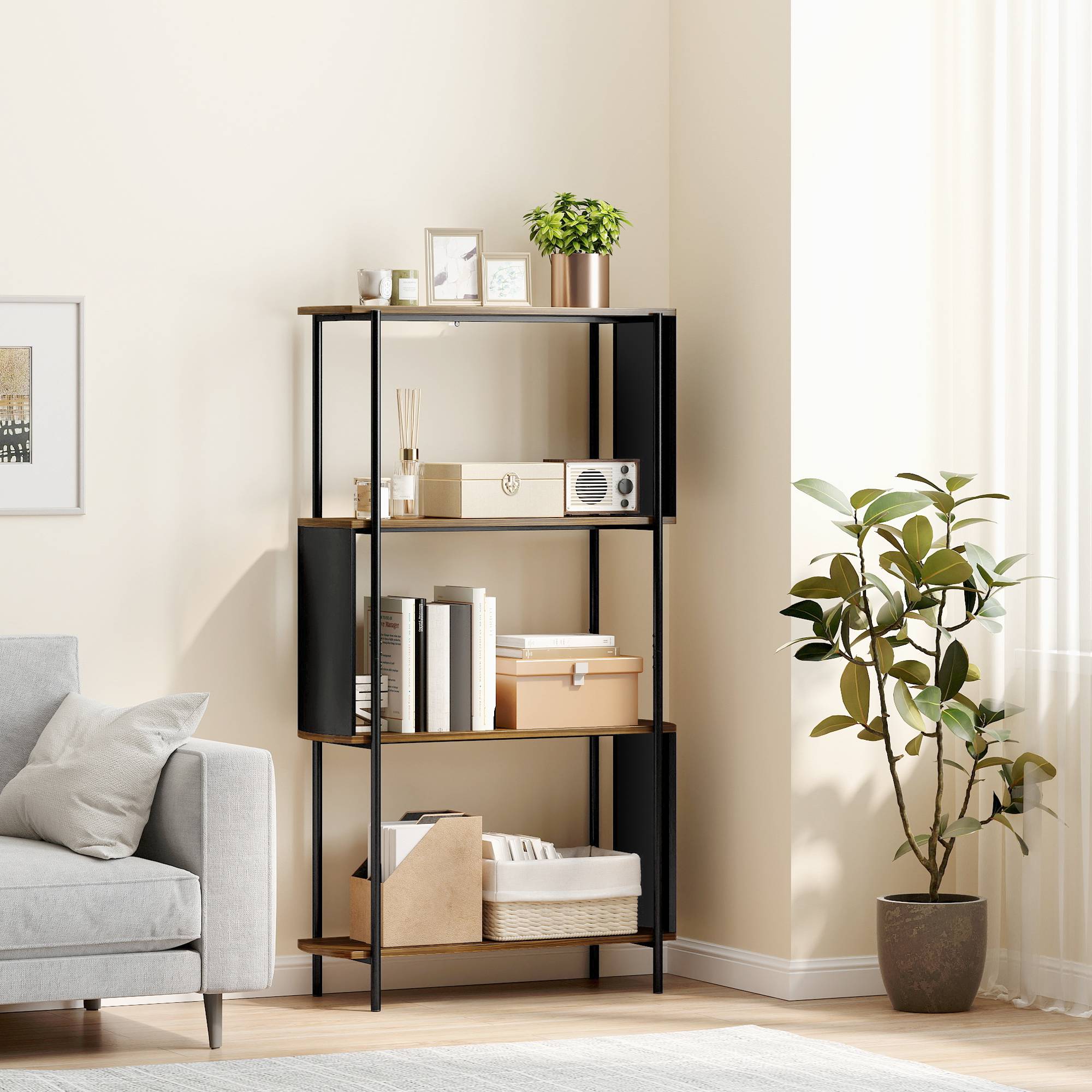 Étagère à livres, autoportante, à 4 niveaux, design incurvé, pour salon ou chambre, 80 x 30 x 141 cm, marron - Image 4