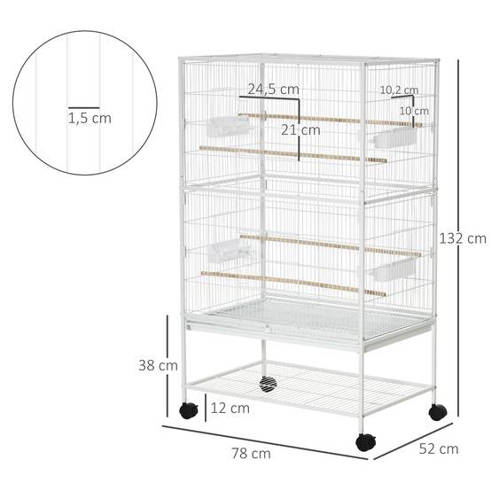 Grande Volière sur Roulettes pour Perruches Canaris Cage Mobile avec Étagère 78x52x132 cm Blanc - ComfortXL Outdoor Living - Image 5