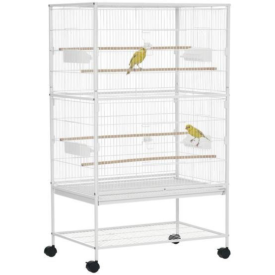 Grande Volière sur Roulettes pour Perruches Canaris Cage Mobile avec Étagère 78x52x132 cm Blanc - ComfortXL Outdoor Living - Image 1