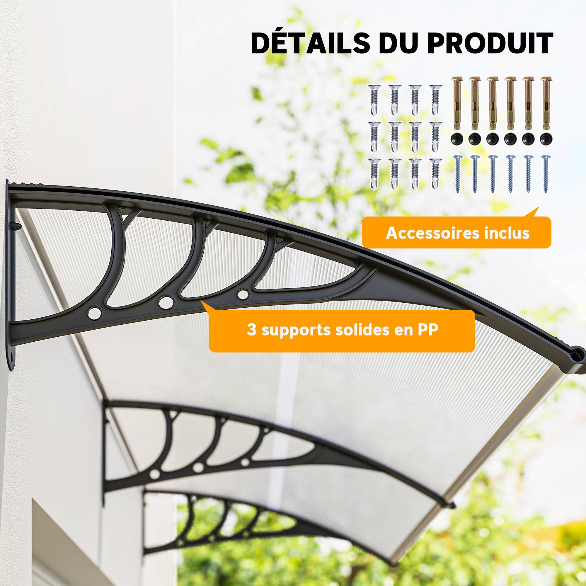 Auvent de porte polycarbonate et aluminium transparent 195 x 75 x 23 cm - PANGIVO - Image 7