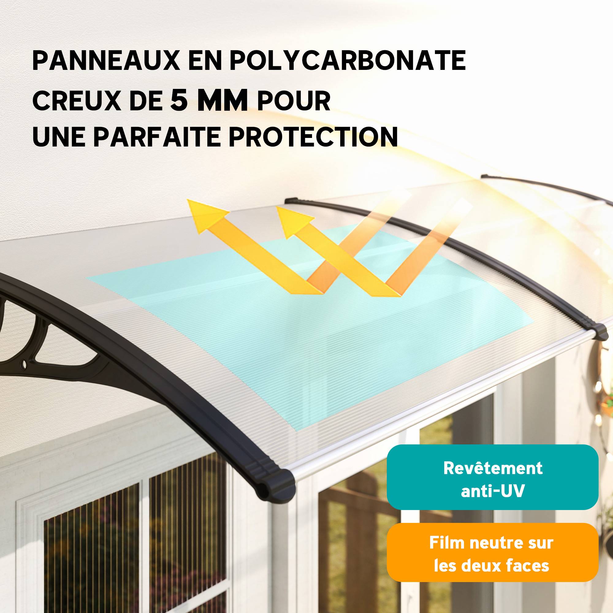 Auvent de porte polycarbonate et aluminium transparent 195 x 75 x 23 cm - PANGIVO - Image 6