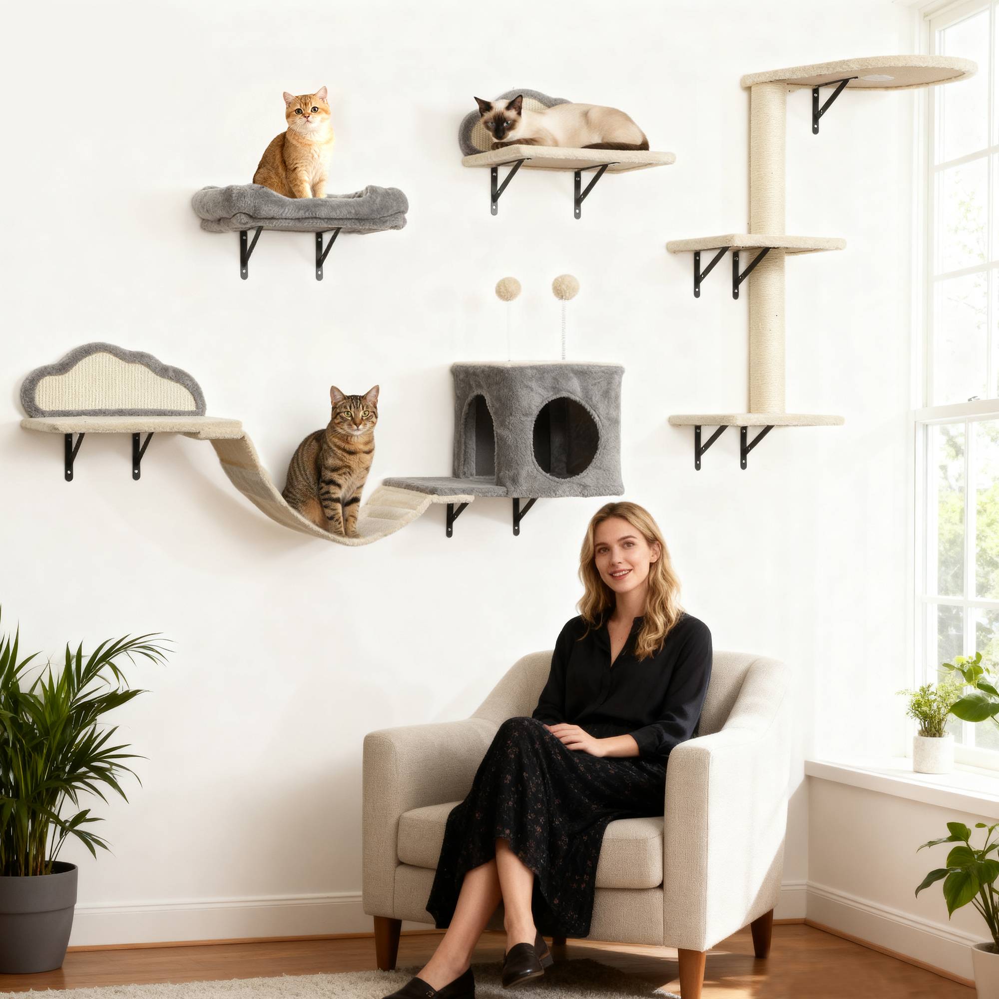 Sans Marque - Arbre à chat mural, surfaces à griffer en sisal, ensemble de 4 pièces, pour 1 à 3 chats, beige - Image 4