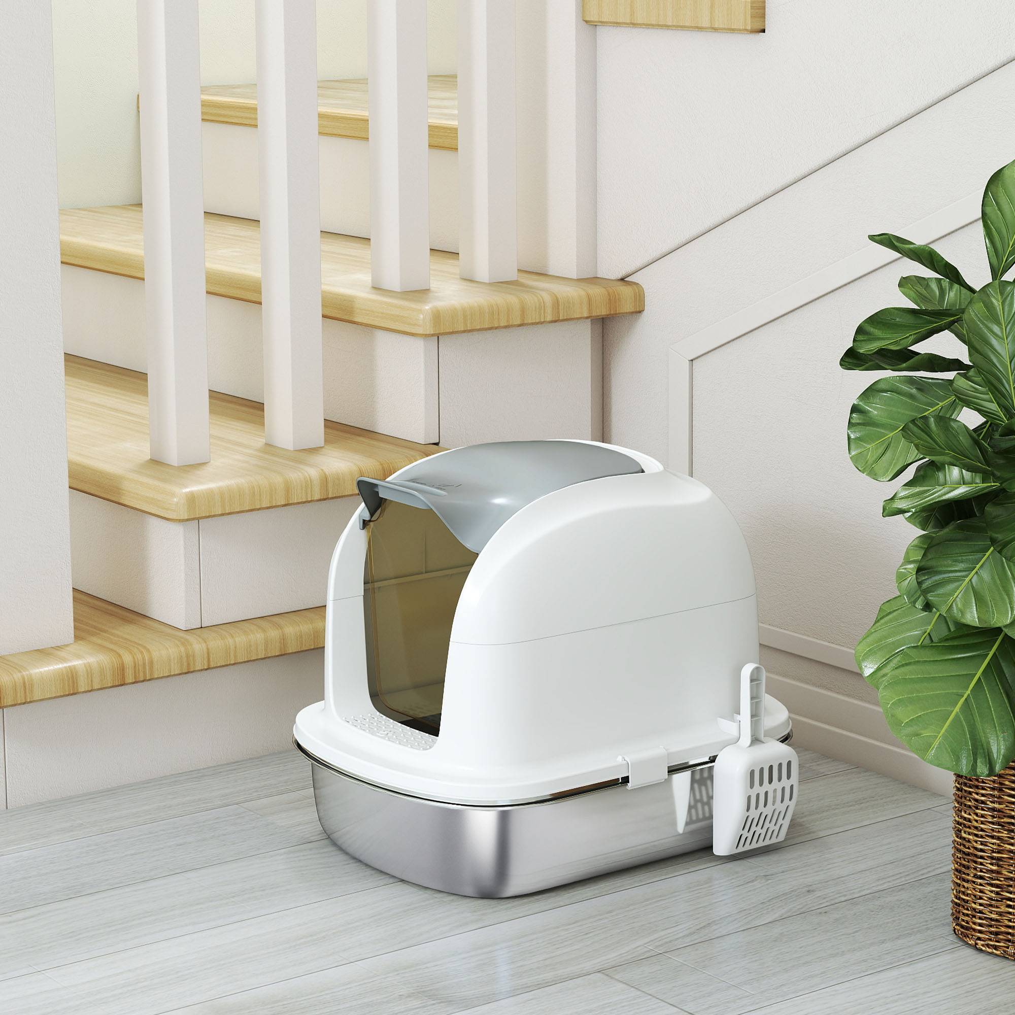 ComfortXL - Maison de toilette XL pour chat avec bac inox et coque ABS blanc 52,4 x 41,3 x 42 cm et couvercle relevable - Image 9