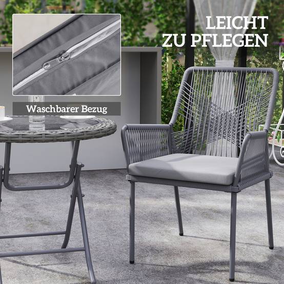 Lot de 2 chaises de jardin en rotin et acier, coussins lavables, accoudoirs et dossier, Gris foncé - Image 7