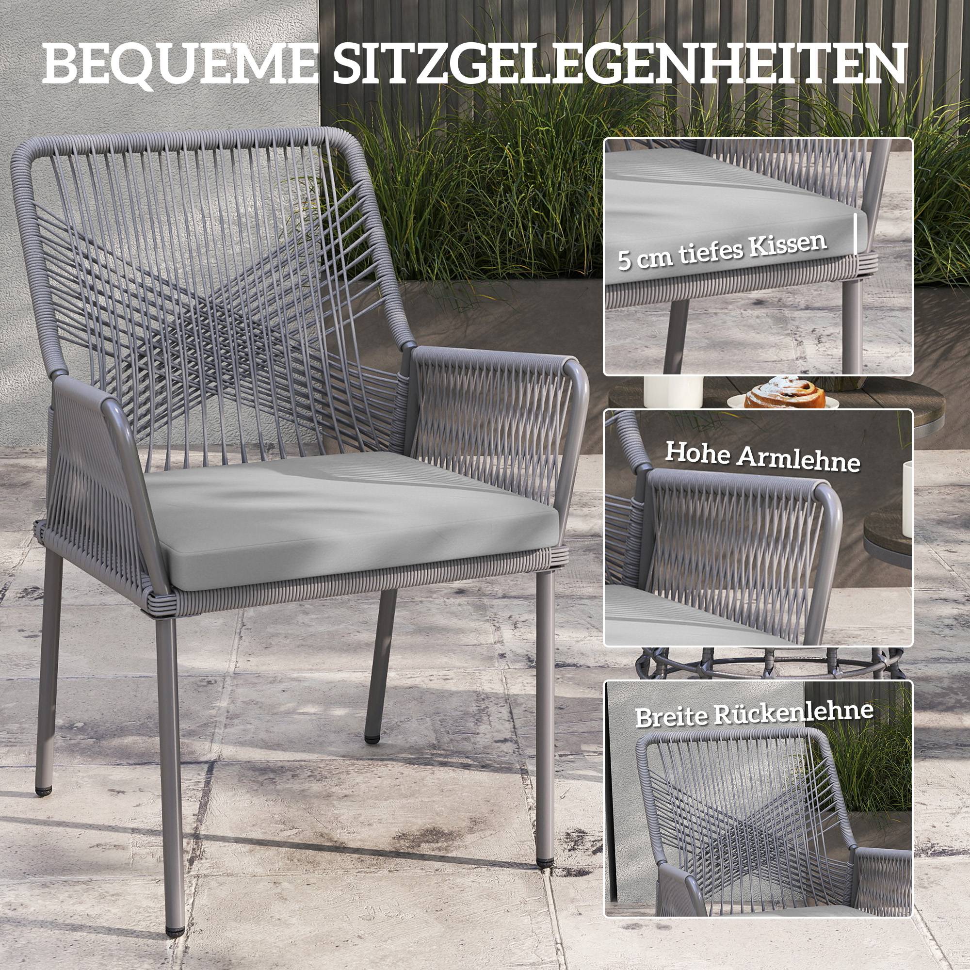 Lot de 2 chaises de jardin en rotin et acier, coussins lavables, accoudoirs et dossier, Gris foncé - Image 4