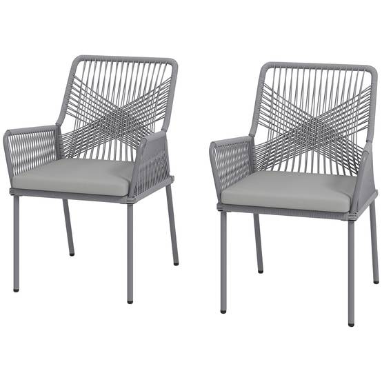 Lot de 2 chaises de jardin en rotin et acier, coussins lavables, accoudoirs et dossier, Gris foncé - Image 1