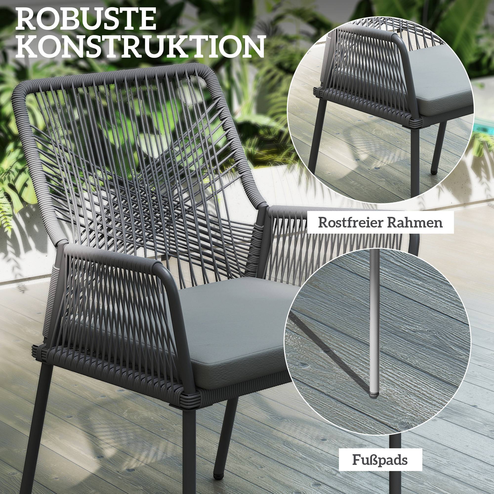 Lot de 2 chaises de jardin en rotin et acier, coussins lavables, accoudoirs et dossier, Gris foncé - Image 6