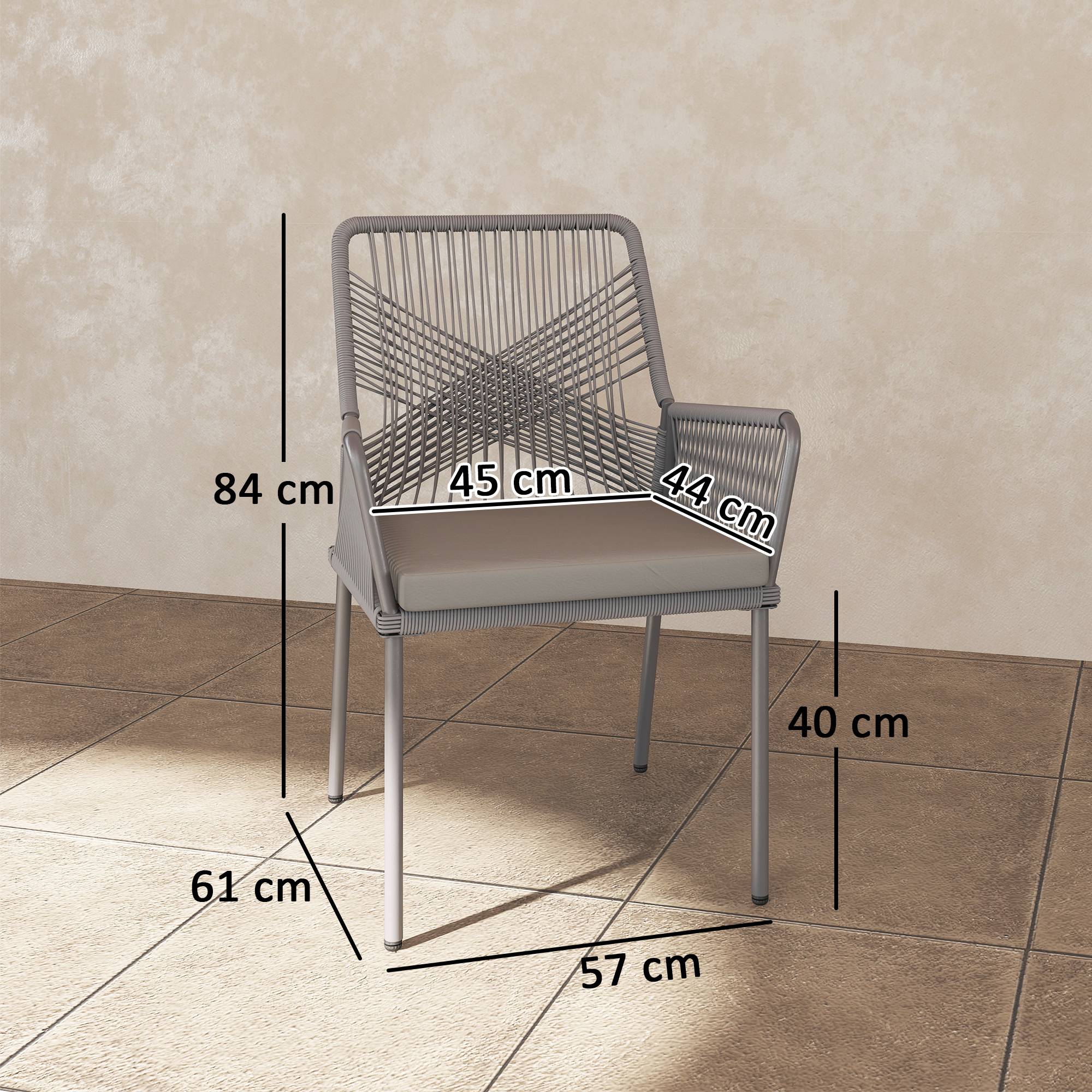 Lot de 2 chaises de jardin en rotin et acier, coussins lavables, accoudoirs et dossier, Gris foncé - Image 3