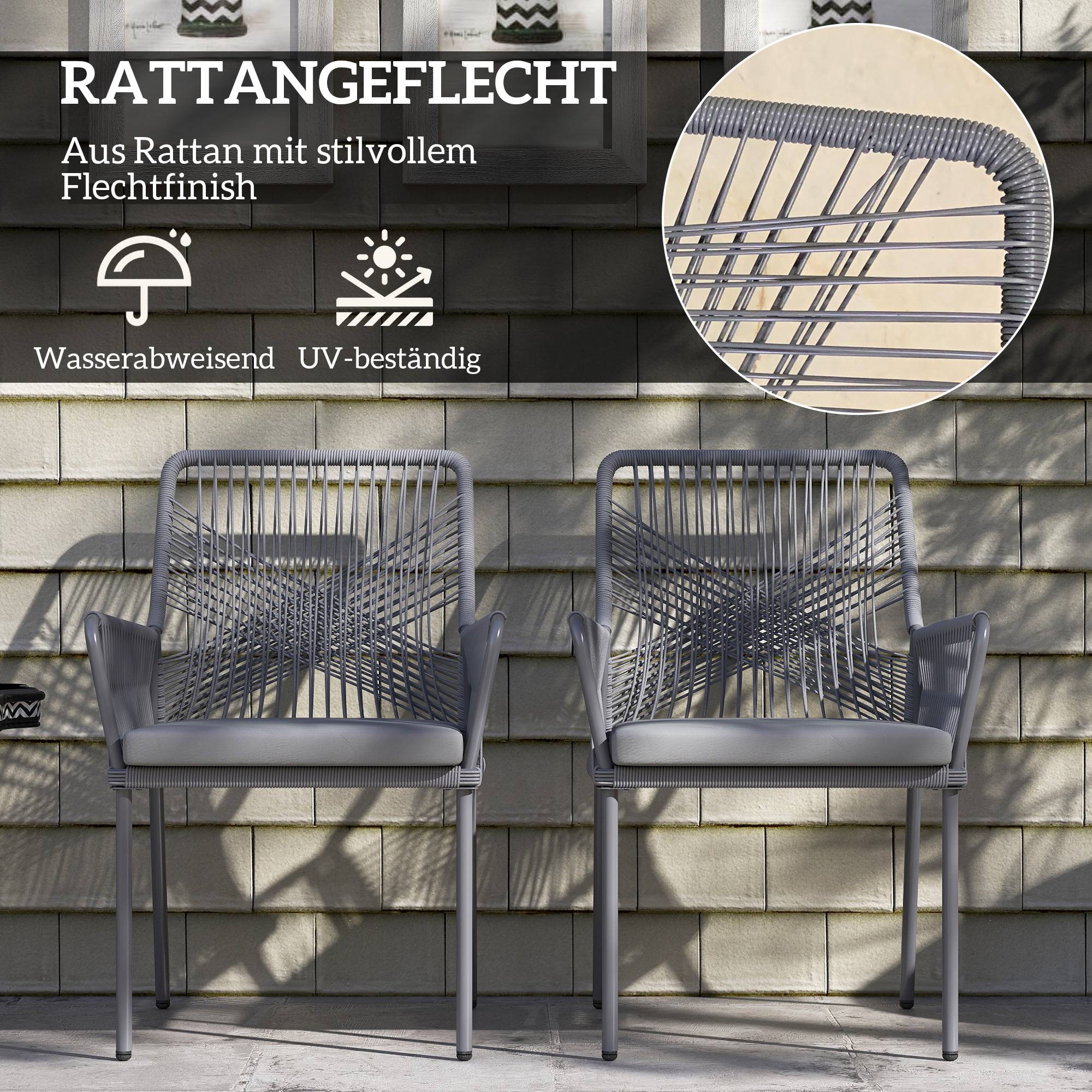 Lot de 2 chaises de jardin en rotin et acier, coussins lavables, accoudoirs et dossier, Gris foncé - Image 5