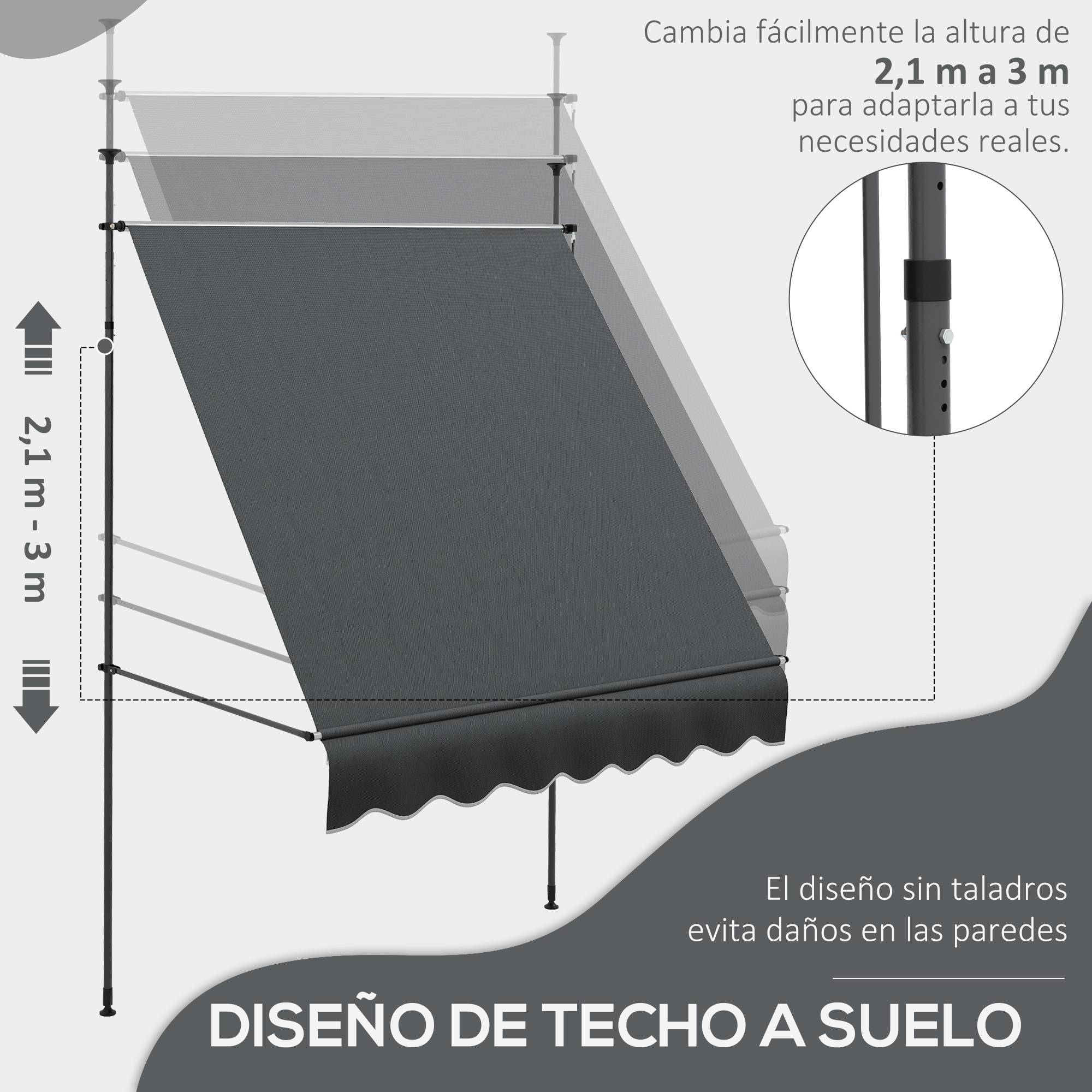 Store banne rétractable manuel à manivelle 200 x 120 x 210-300 cm, hauteur réglable, imperméable et anti-UV, gris foncé - Image 6