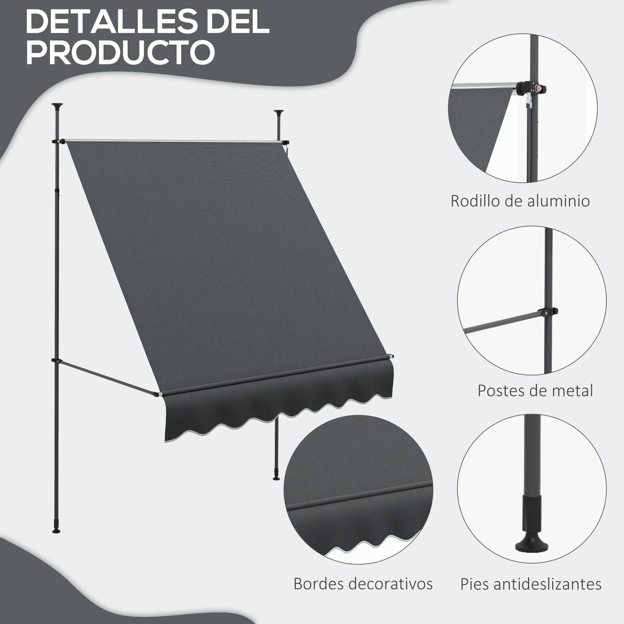 Store banne rétractable manuel à manivelle 200 x 120 x 210-300 cm, hauteur réglable, imperméable et anti-UV, gris foncé - Image 9