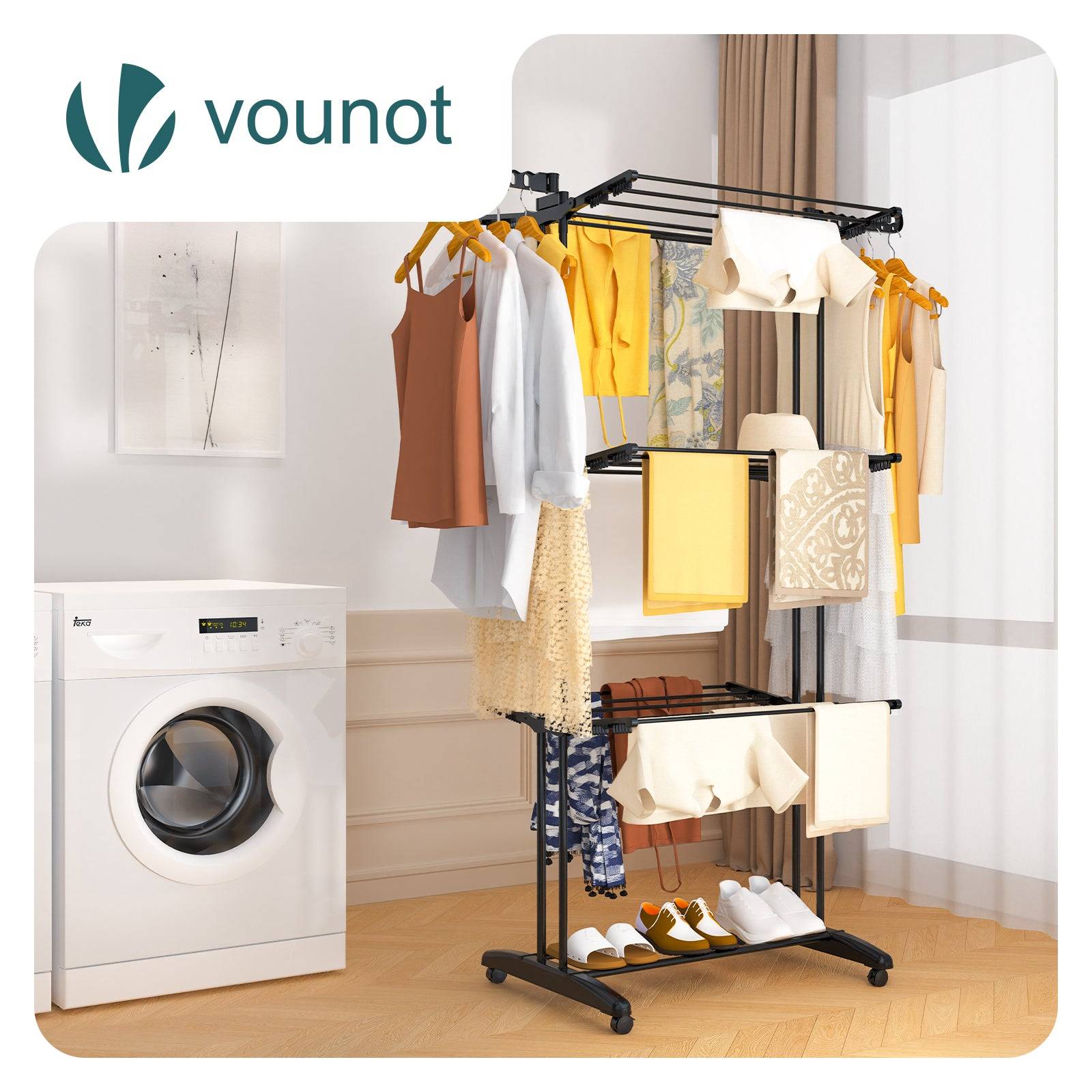 Vounot - Étendoir à linge pliable métal renforcée 125x62x173cm, Séchoir 4 niveaux grande capacité avec roulettes, Noir, VOUNOT® - Image 2