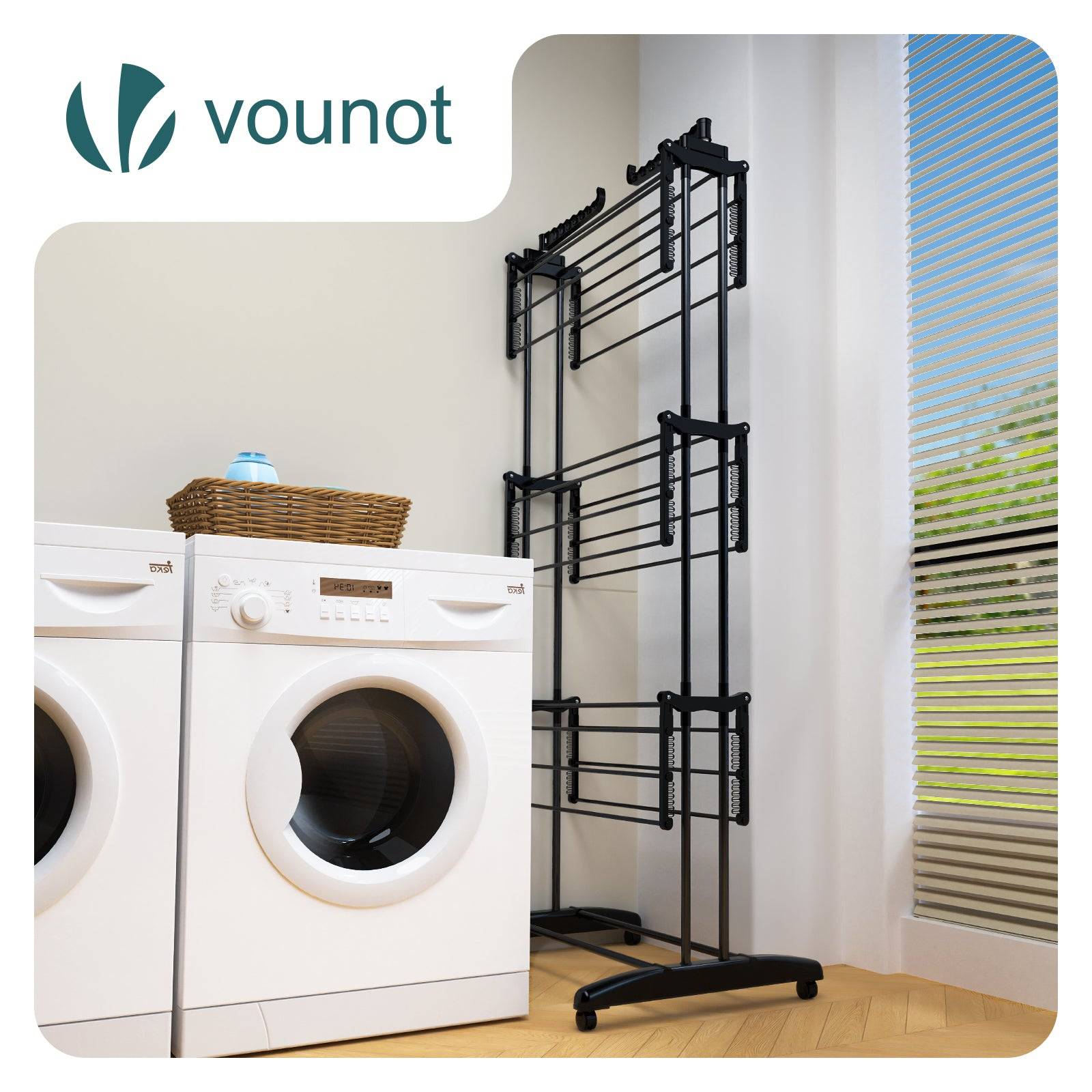 Vounot - Étendoir à linge pliable métal renforcée 125x62x173cm, Séchoir 4 niveaux grande capacité avec roulettes, Noir, VOUNOT® - Image 6