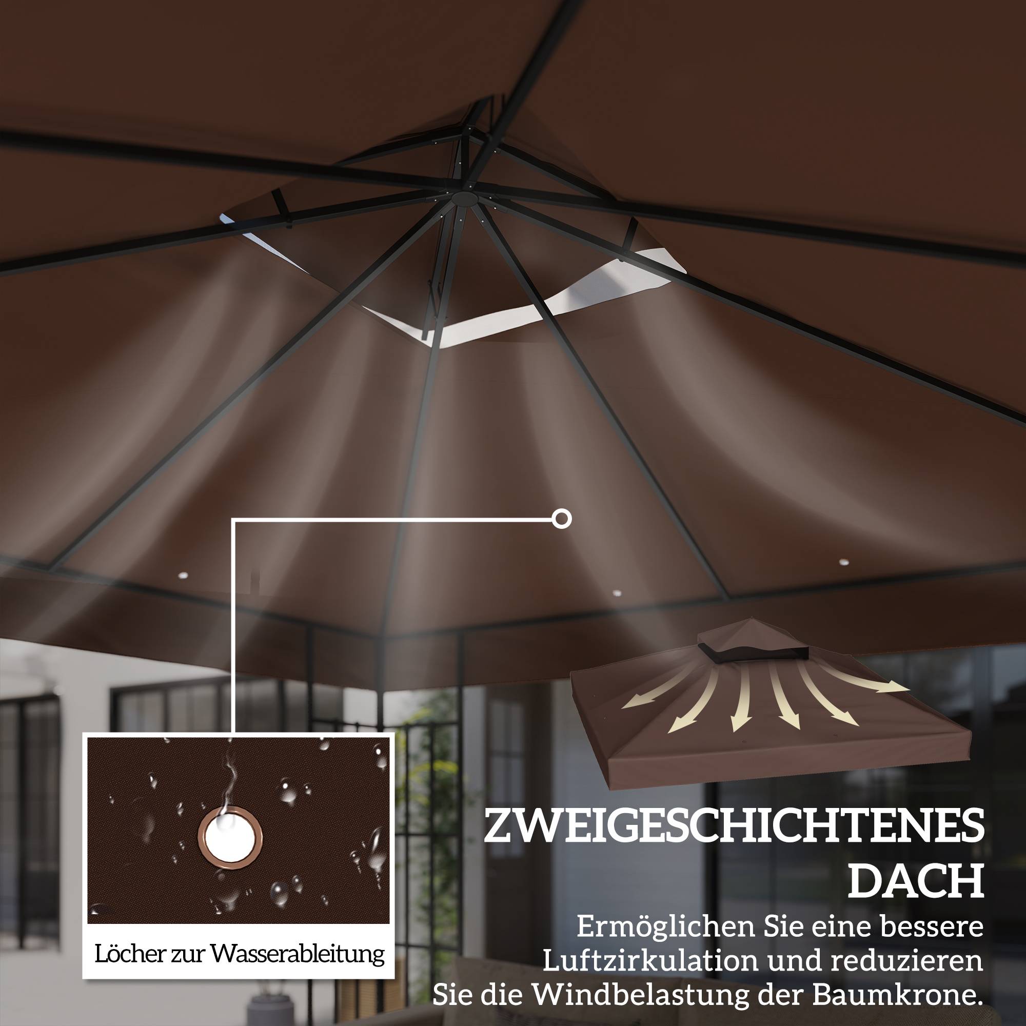 Toit remplacement pavillon 3x3 m bâche trous évacuation UPF30+ pare-soleil café - Image 6
