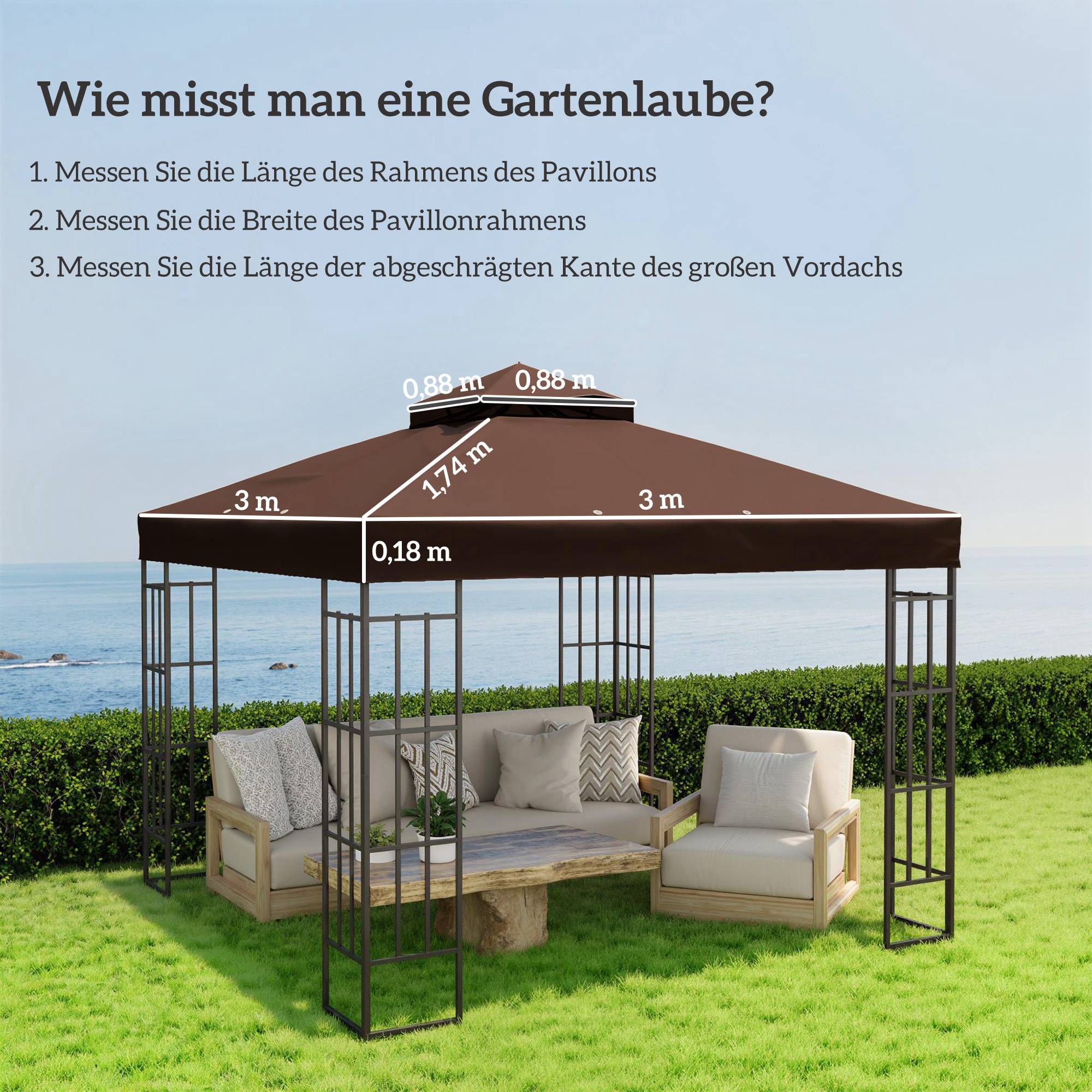 Toit remplacement pavillon 3x3 m bâche trous évacuation UPF30+ pare-soleil café - Image 5