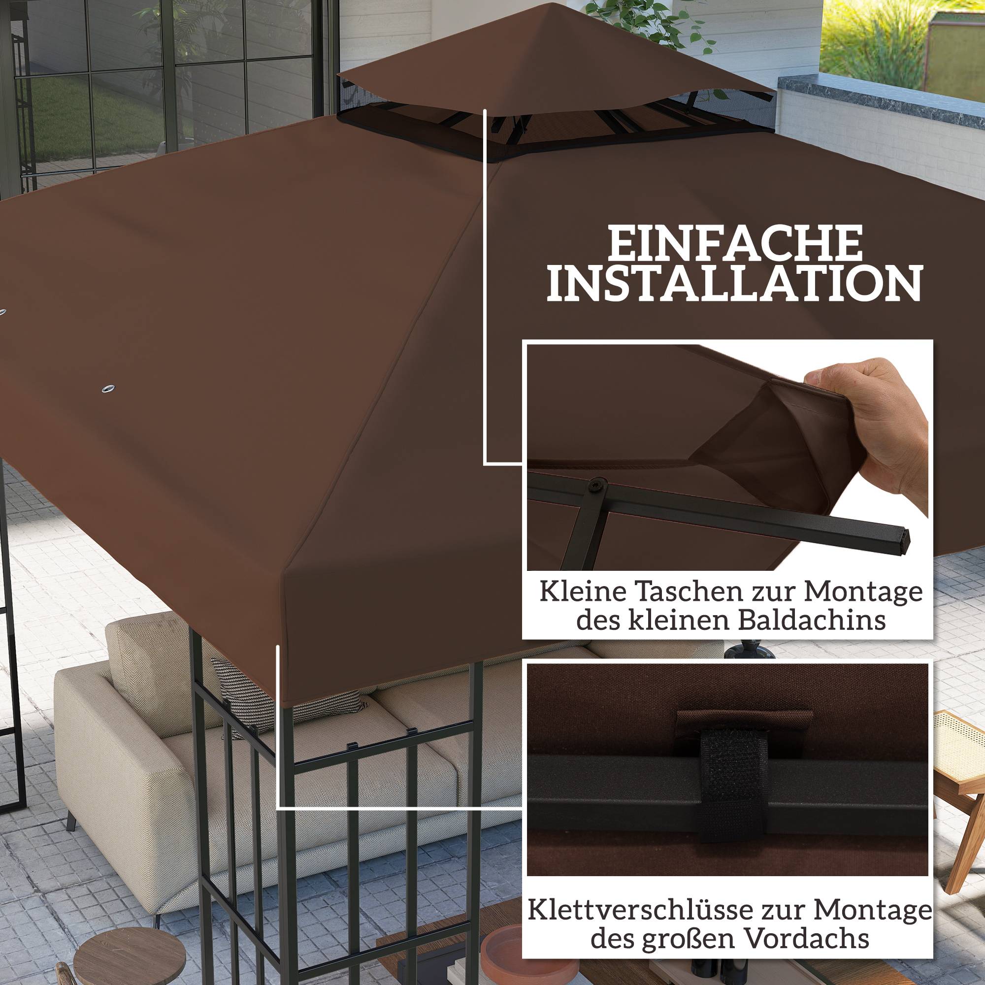 Toit remplacement pavillon 3x3 m bâche trous évacuation UPF30+ pare-soleil café - Image 7