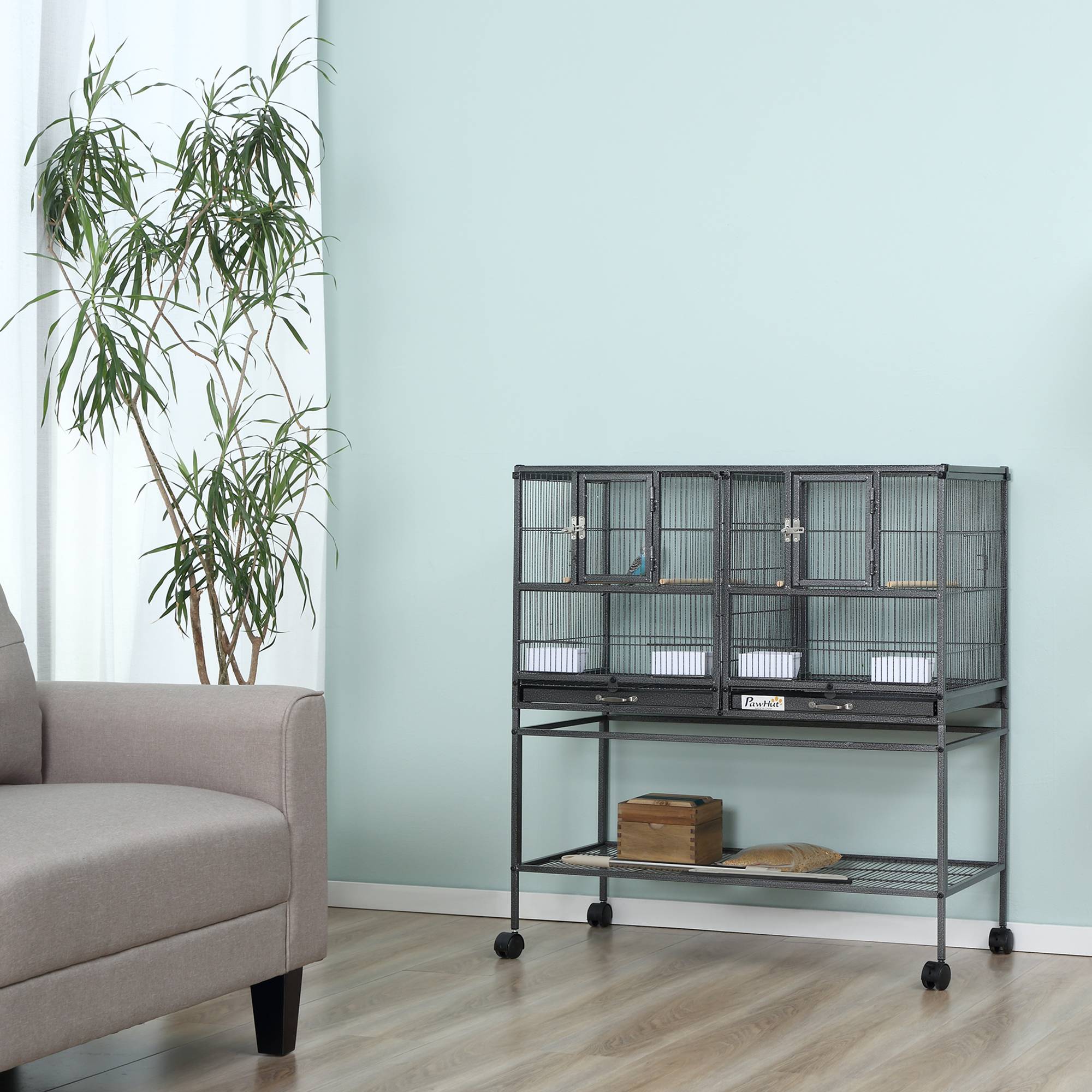 ComfortXL - Double cage oiseaux métal 95 x 45,5 x 102 cm noir gris sur roulettes avec séparation amovible - ComfortXL Outdoor Living - Image 4