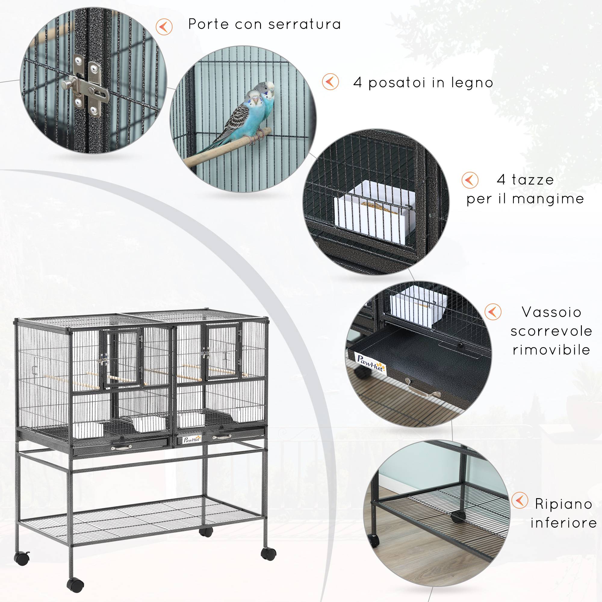 ComfortXL - Double cage oiseaux métal 95 x 45,5 x 102 cm noir gris sur roulettes avec séparation amovible - ComfortXL Outdoor Living - Image 6