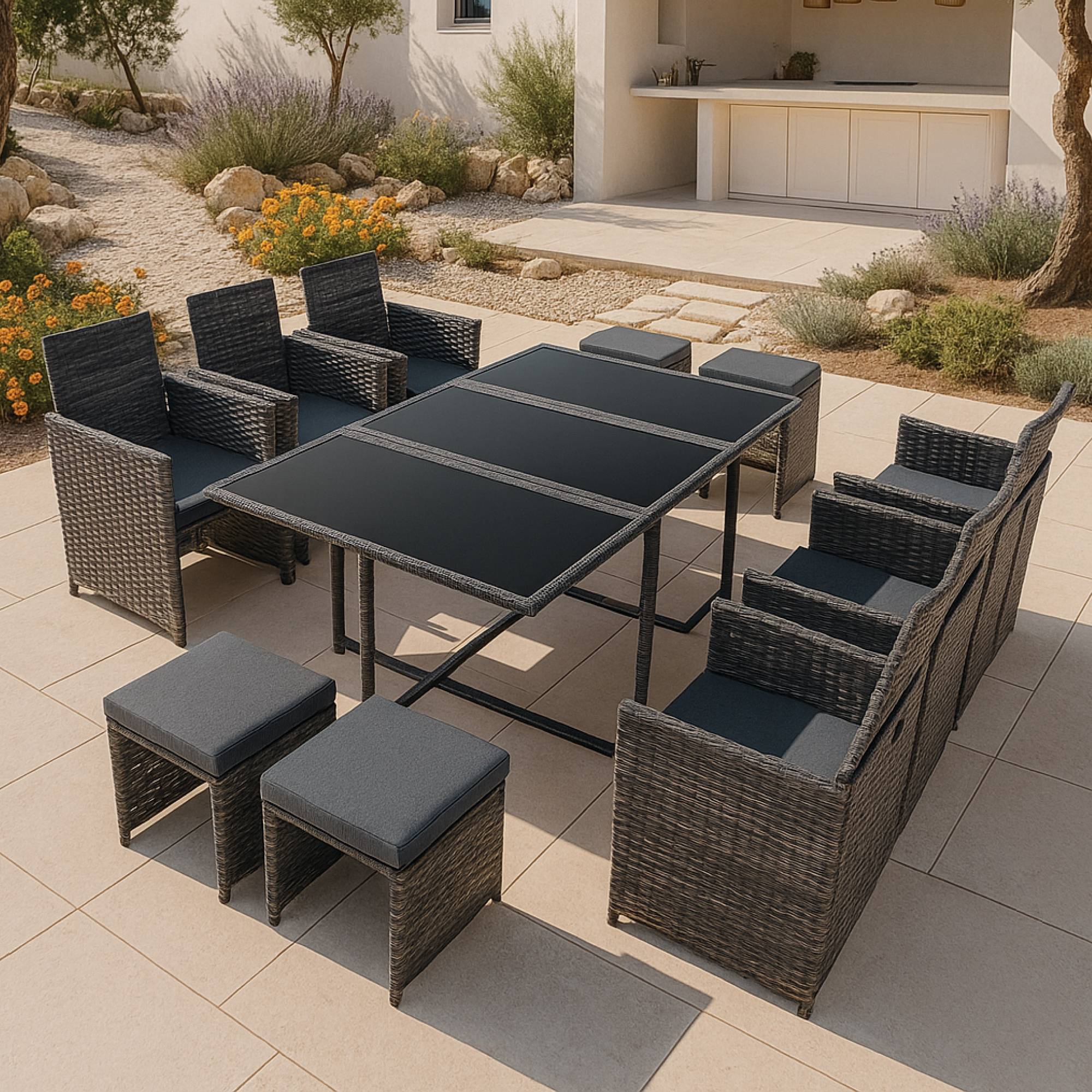Salon de Jardin Laredo Acier Polyrotin Gris Chiné Coussins Gris Foncé [en.casa] - Image 1