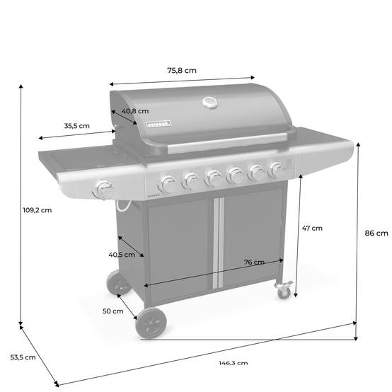 sweeek - Barbecue au gaz - Bazin 6 Gris anthracite - Cuisine extérieure 6 brûleurs dont 1 feu latéral avec tablettes et thermomètre. rangement. roues | sweeek - Image 4
