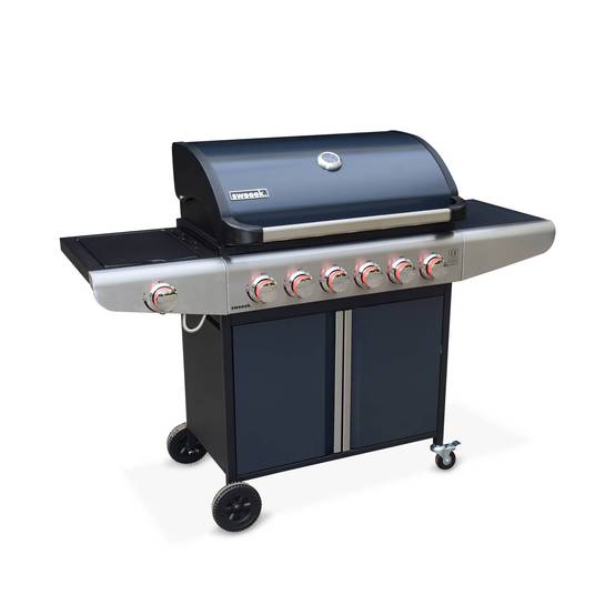 sweeek - Barbecue au gaz - Bazin 6 Gris anthracite - Cuisine extérieure 6 brûleurs dont 1 feu latéral avec tablettes et thermomètre. rangement. roues | sweeek - Image 2