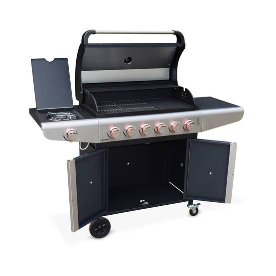 sweeek - Barbecue au gaz - Bazin 6 Gris anthracite - Cuisine extérieure 6 brûleurs dont 1 feu latéral avec tablettes et thermomètre. rangement. roues | sweeek - Image 6