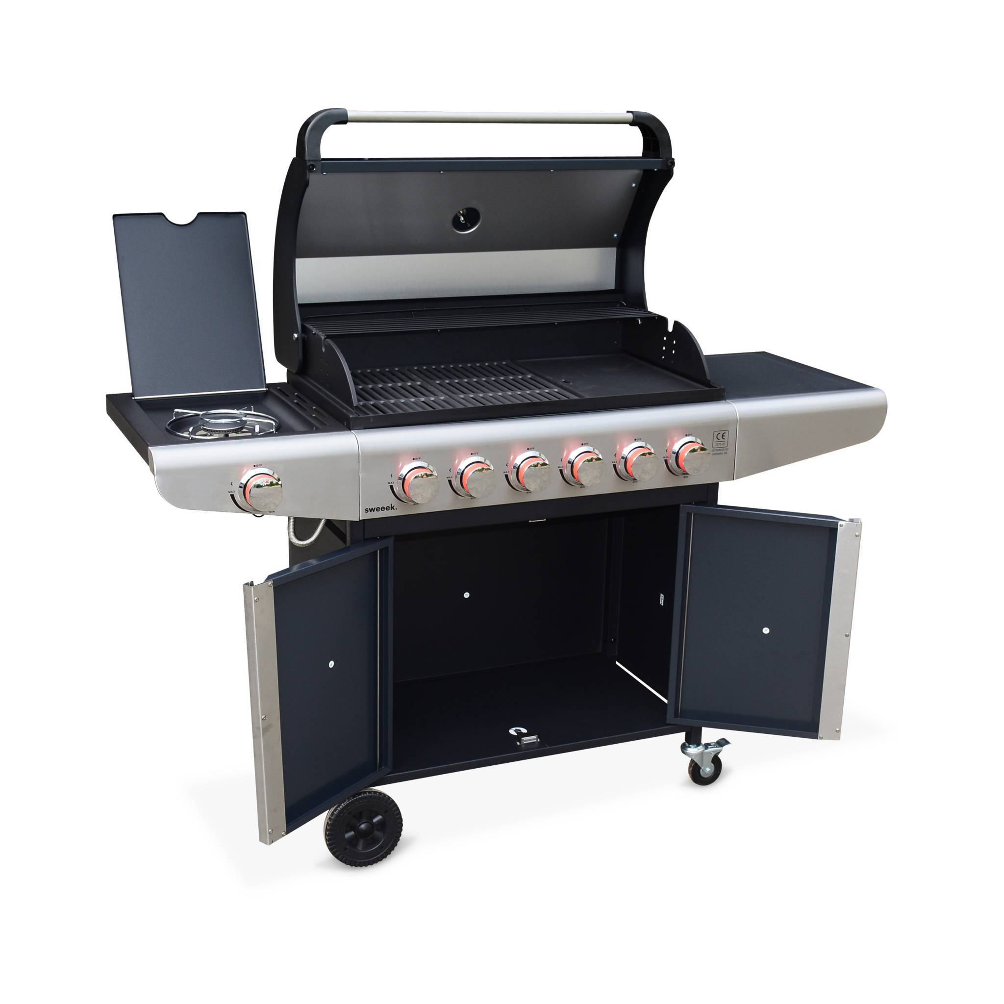 sweeek - Barbecue au gaz - Bazin 6 Gris anthracite -  Cuisine extérieure 6 brûleurs dont 1 feu latéral avec tablettes et thermomètre. rangement. roues | sweeek - Image 6