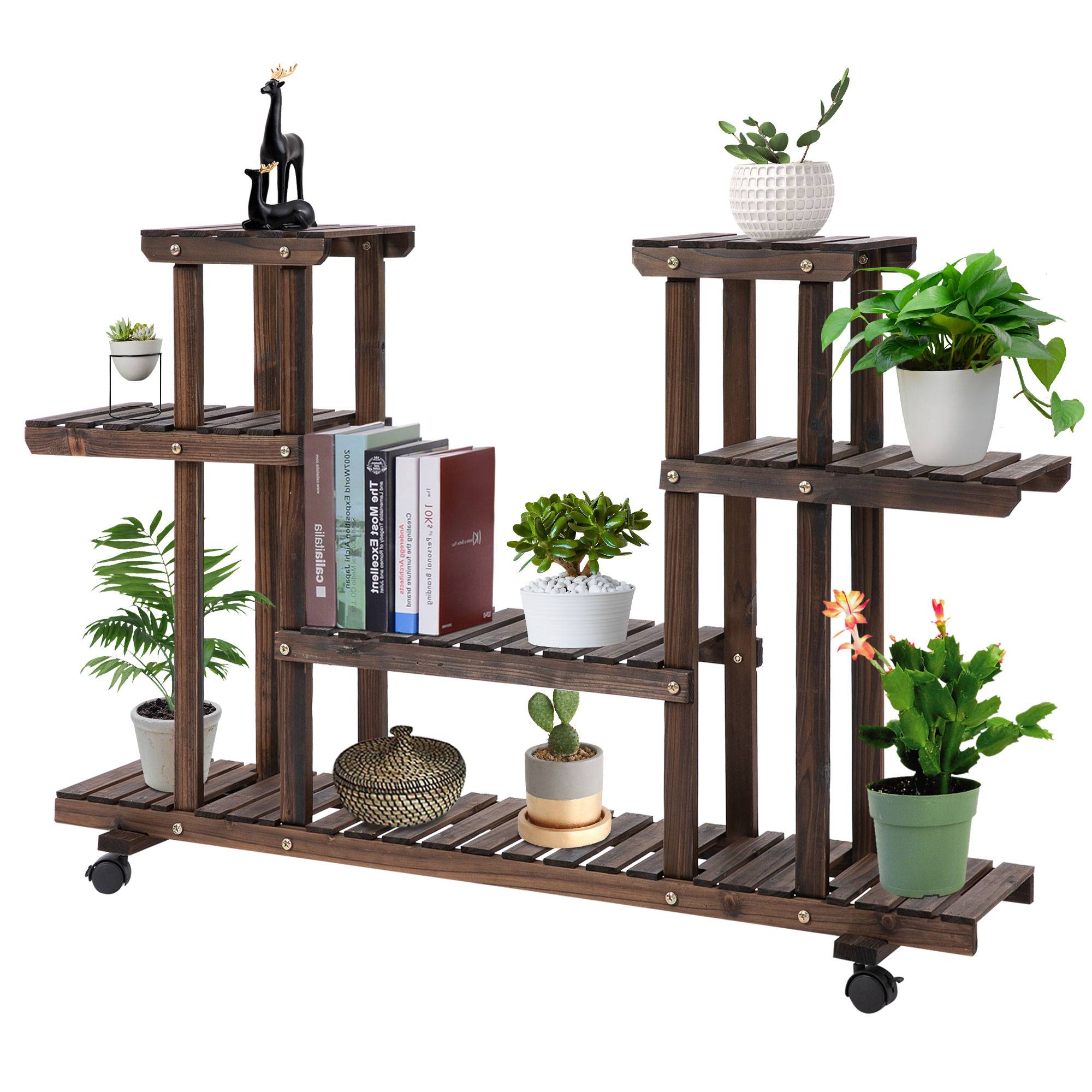 Étagère à fleurs bois sapin pour terrasse 6 tablettes avec 4 roulettes 123x33x80cm marron - ComfortXL Outdoor Living - Image 2