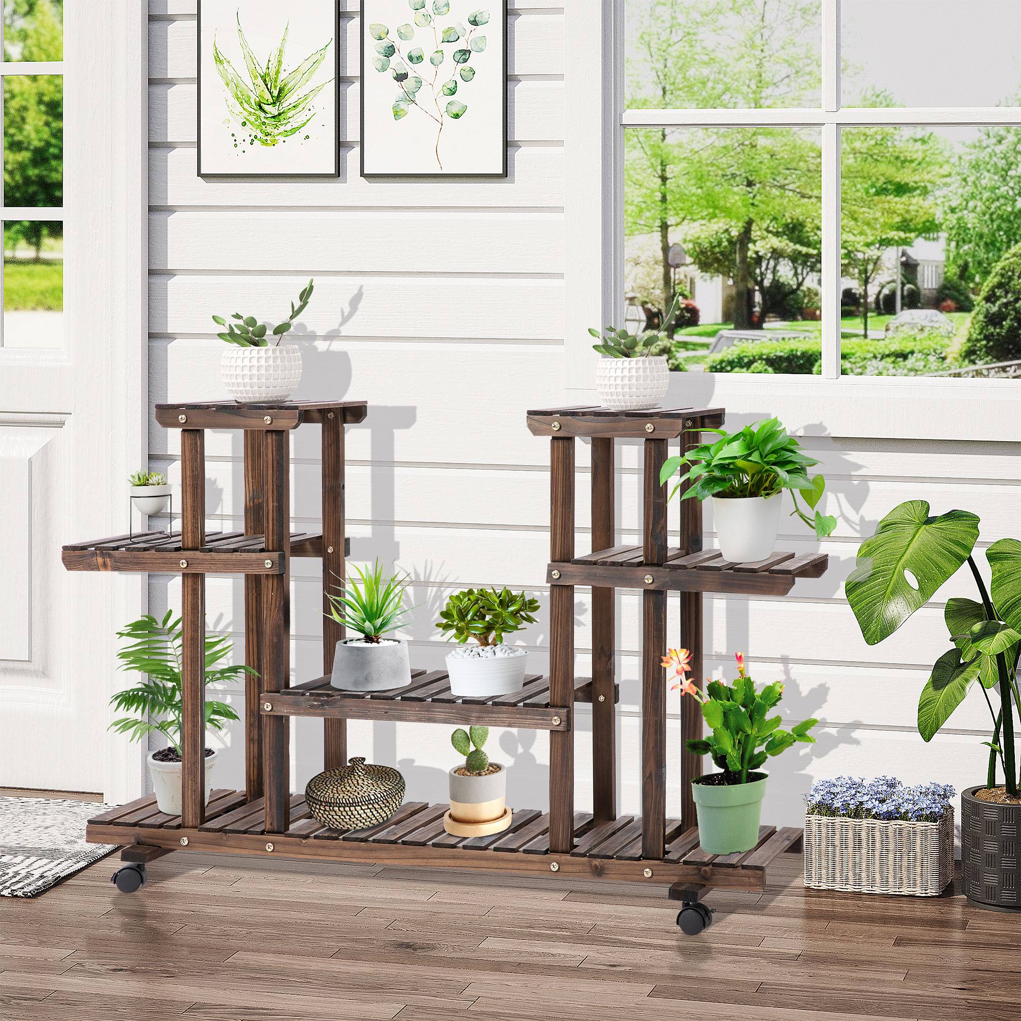 Étagère à fleurs bois sapin pour terrasse 6 tablettes avec 4 roulettes 123x33x80cm marron - ComfortXL Outdoor Living - Image 3