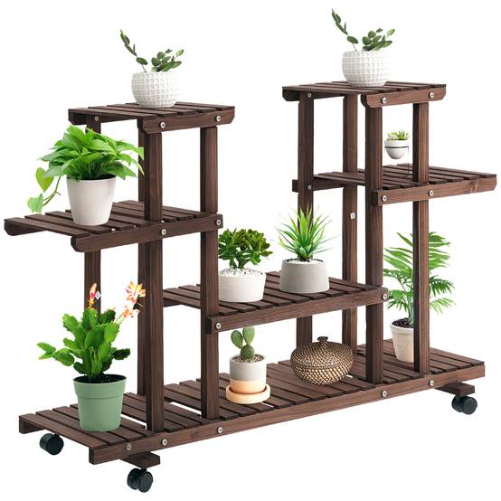 Étagère à fleurs bois sapin pour terrasse 6 tablettes avec 4 roulettes 123x33x80cm marron - ComfortXL Outdoor Living - Image 1