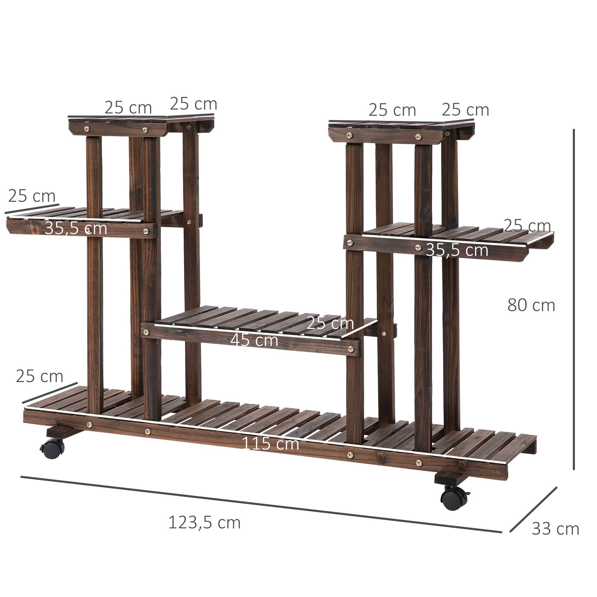Étagère à fleurs bois sapin pour terrasse 6 tablettes avec 4 roulettes 123x33x80cm marron - ComfortXL Outdoor Living - Image 5