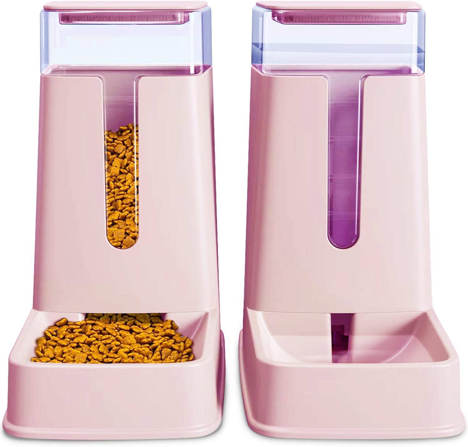 Lot de 2 distributeurs automatiques de Nourriture et d'eau pour Chat de Petite, Moyenne et Grande Taille rose clair Vendos85
