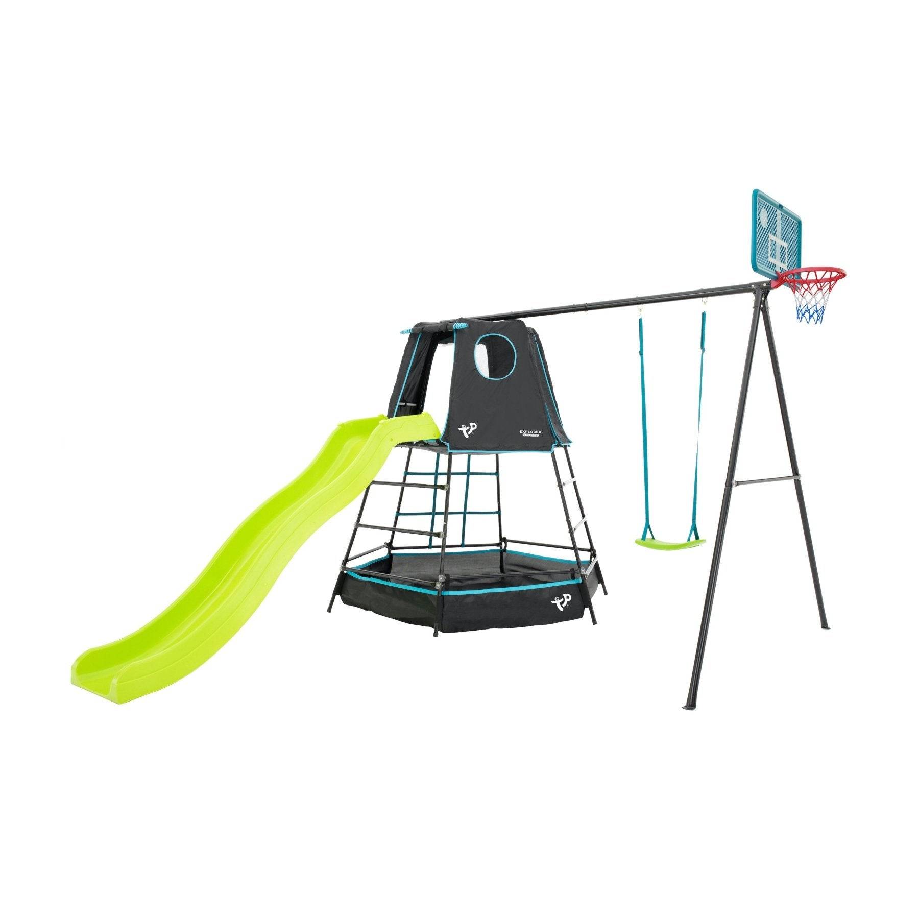Tp Toys - Aire de jeux métal  EXPLORER TOUR noir - tapis explorer - balançoire - basket - toboggan - piscine à balles h246 cm - Image 2