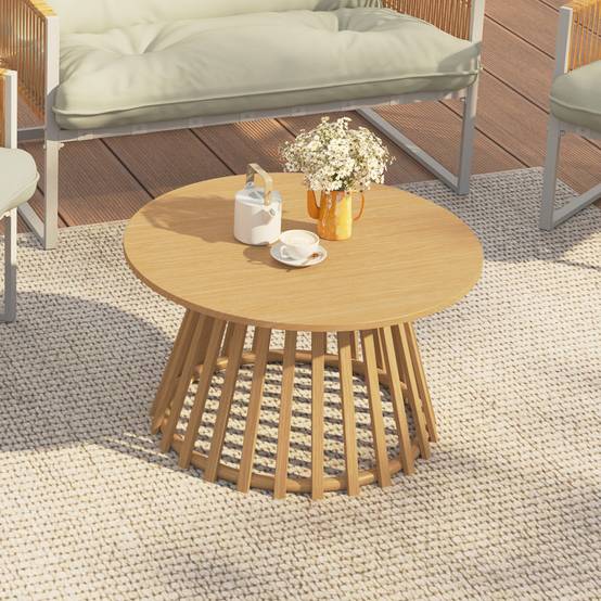 IDMARKET - Table basse de jardin ronde 70 cm SOLAL avec pied lattes en métal effet bois - Image 1