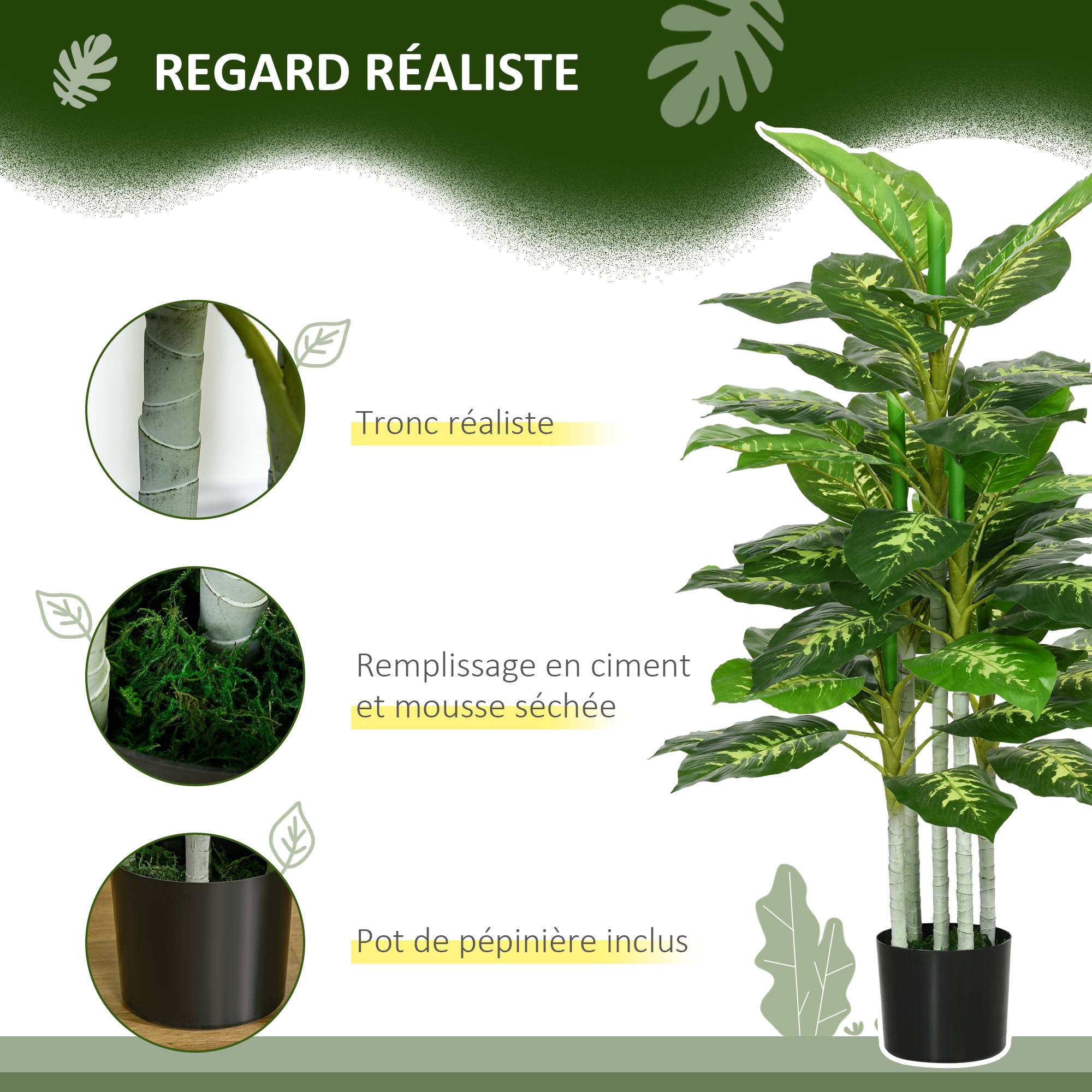 Plante artificielle calathea hauteur 120 cm pot ciment 53 feuilles - intérieur - Image 7