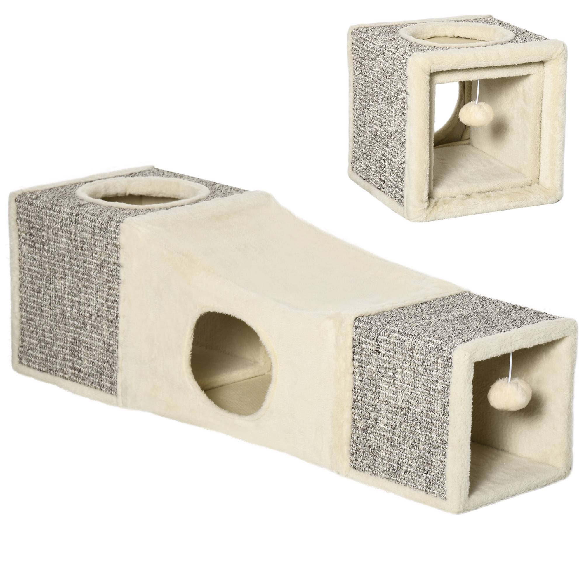 Sans Marque - Tunnel pour chat intérieur jouets pour chats avec balle suspendue entrées multiples en sisal 98 x 30 x 30 cm crème