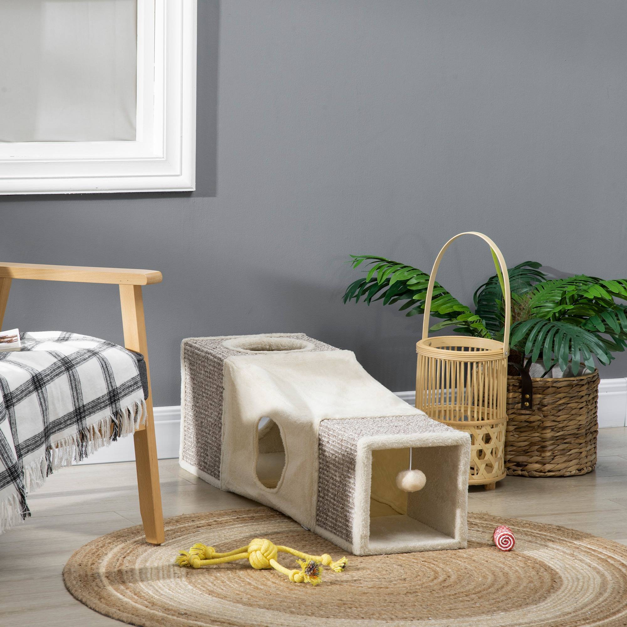 Sans Marque - Tunnel pour chat intérieur jouets pour chats avec balle suspendue entrées multiples en sisal 98 x 30 x 30 cm crème - Image 4