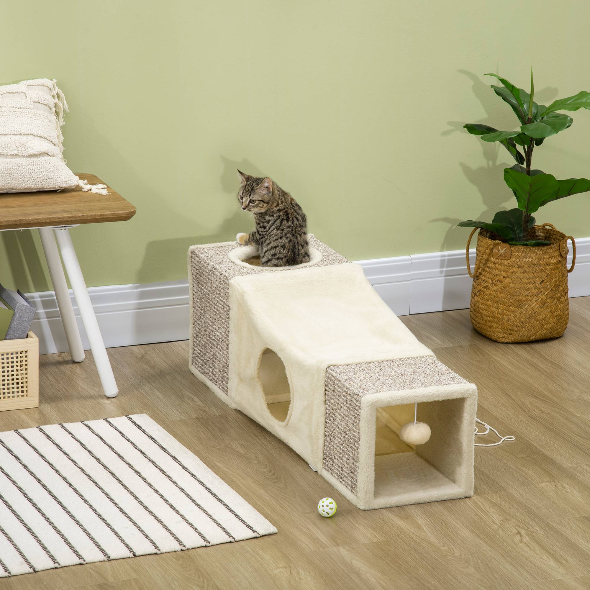 Sans Marque - Tunnel pour chat intérieur jouets pour chats avec balle suspendue entrées multiples en sisal 98 x 30 x 30 cm crème - Image 3